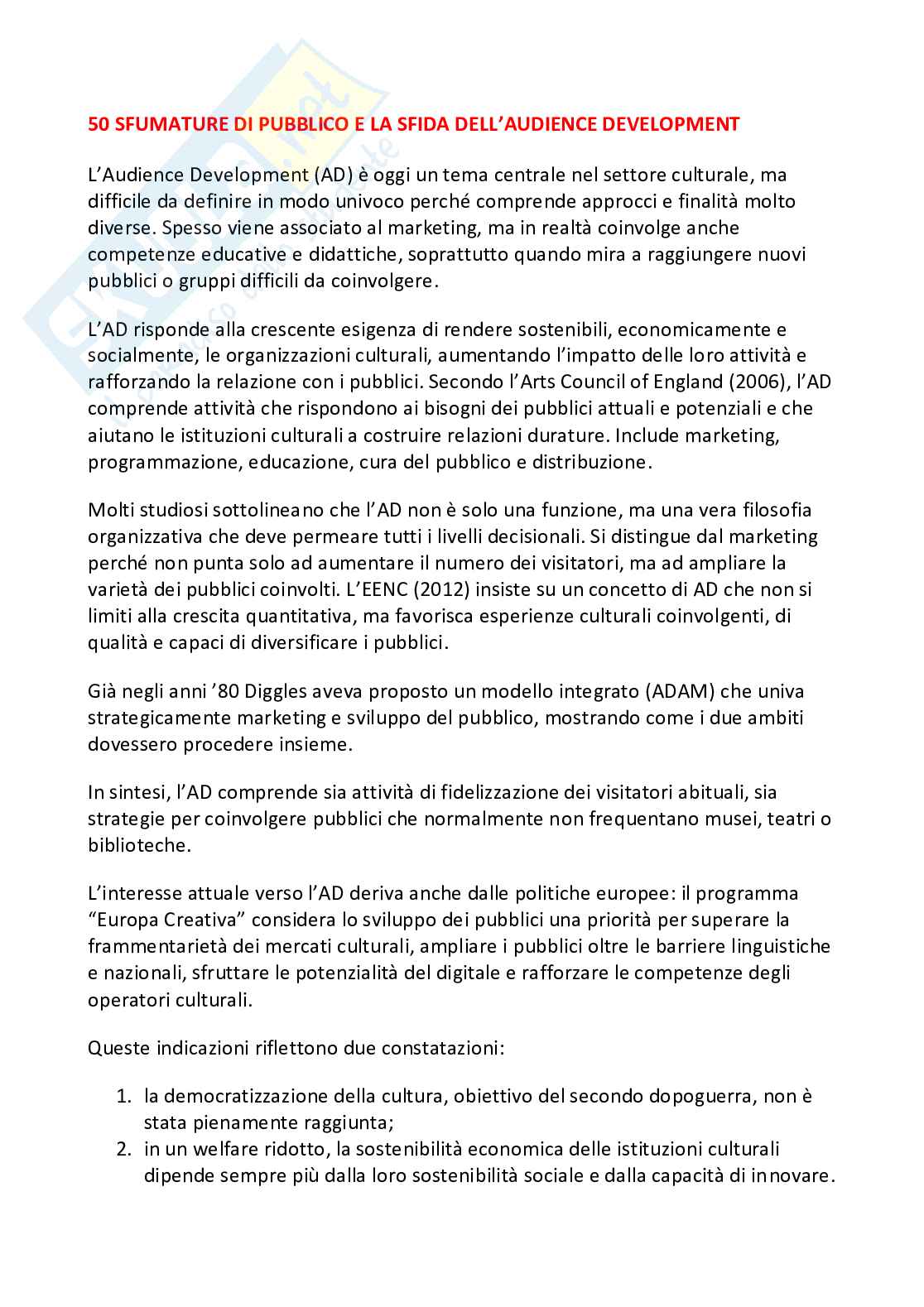 Riassunto esame Didattica del museo e del patrimonio culturale, Prof. Giardini Letizia, libro consigliato 50 sfumature di pubblico e la sfida dell'audience development, Giardini Pag. 1