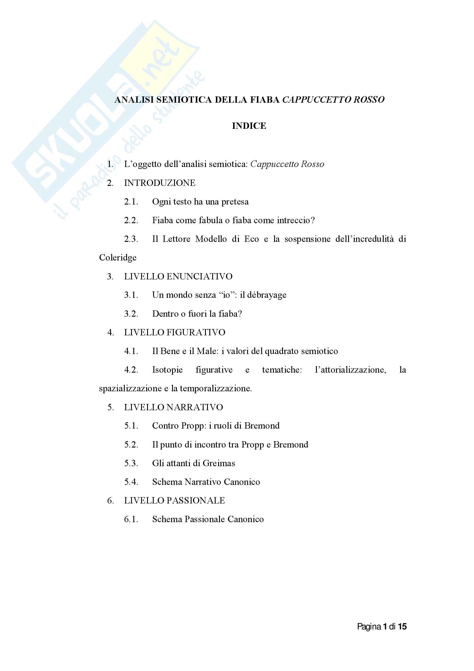 Tesi su Cappuccetto Rosso per Analisi semiotica Pag. 1