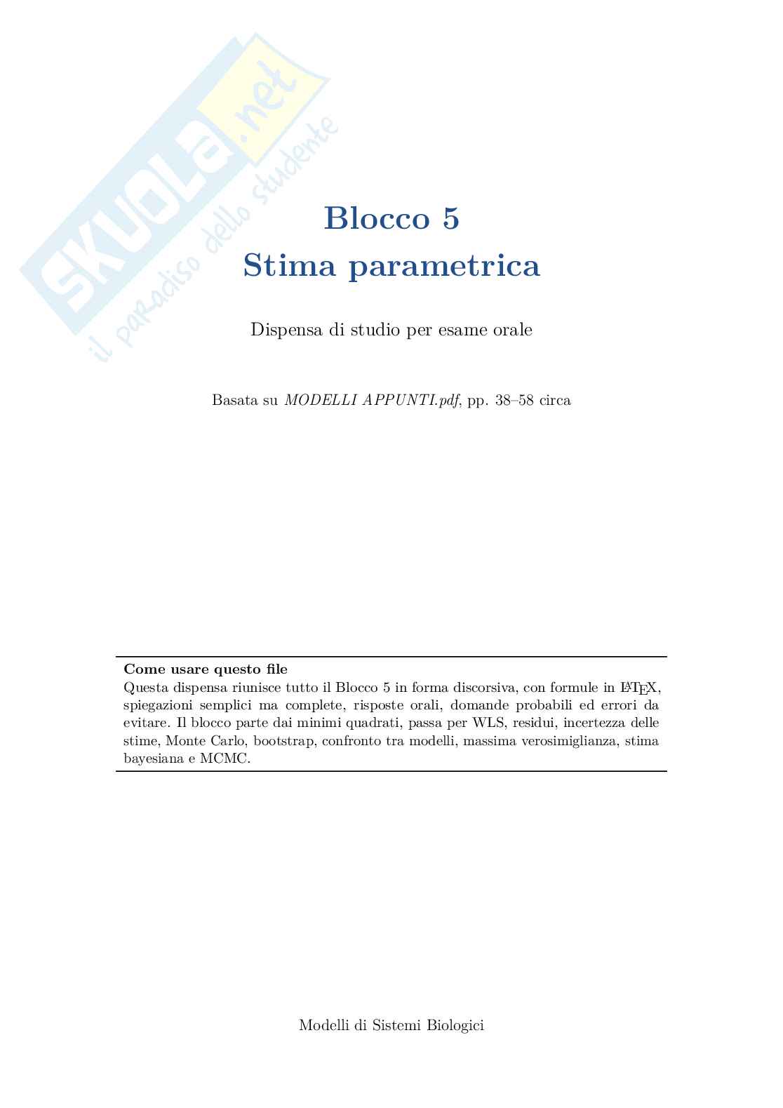 Blocco 5 Modelli di sistemi biologici - Stima Parametrica Pag. 1