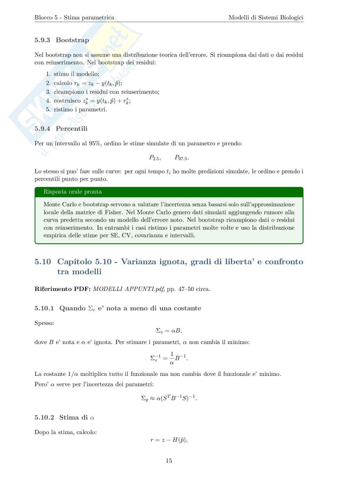 Blocco 5 Modelli di sistemi biologici - Stima Parametrica Pag. 16