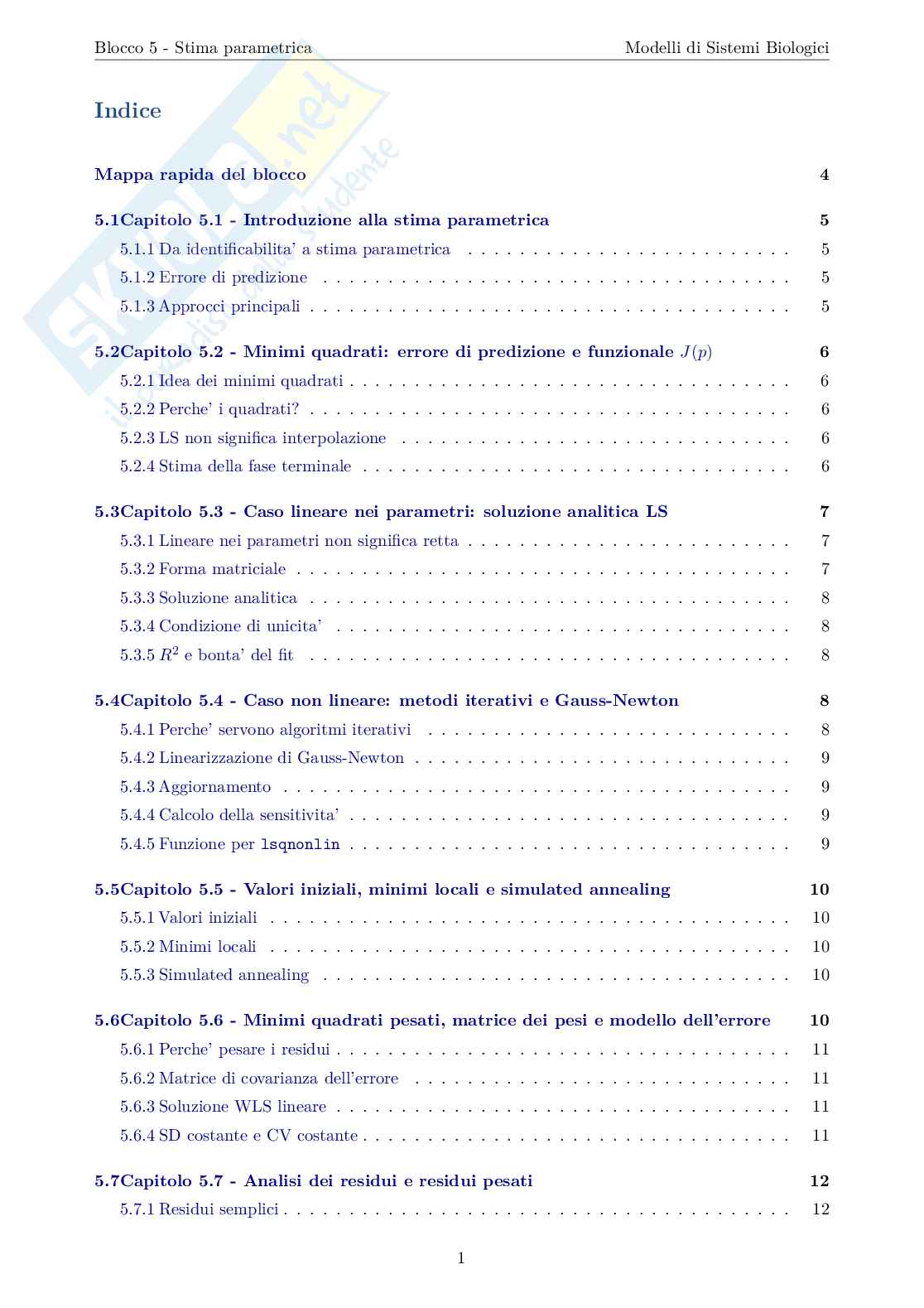 Blocco 5 Modelli di sistemi biologici - Stima Parametrica Pag. 2