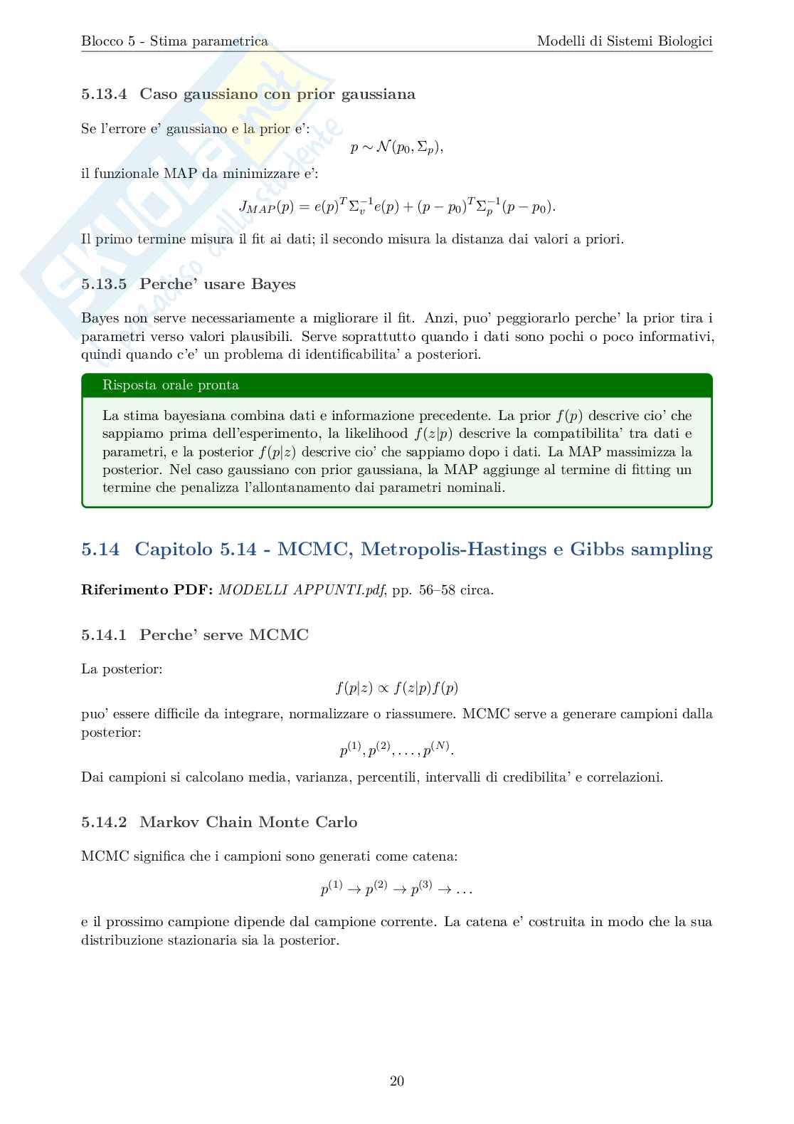 Blocco 5 Modelli di sistemi biologici - Stima Parametrica Pag. 21