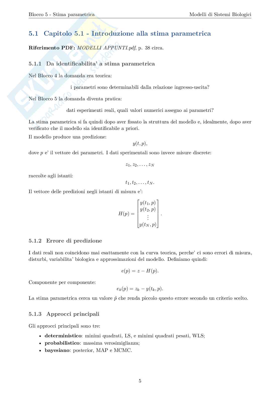 Blocco 5 Modelli di sistemi biologici - Stima Parametrica Pag. 6