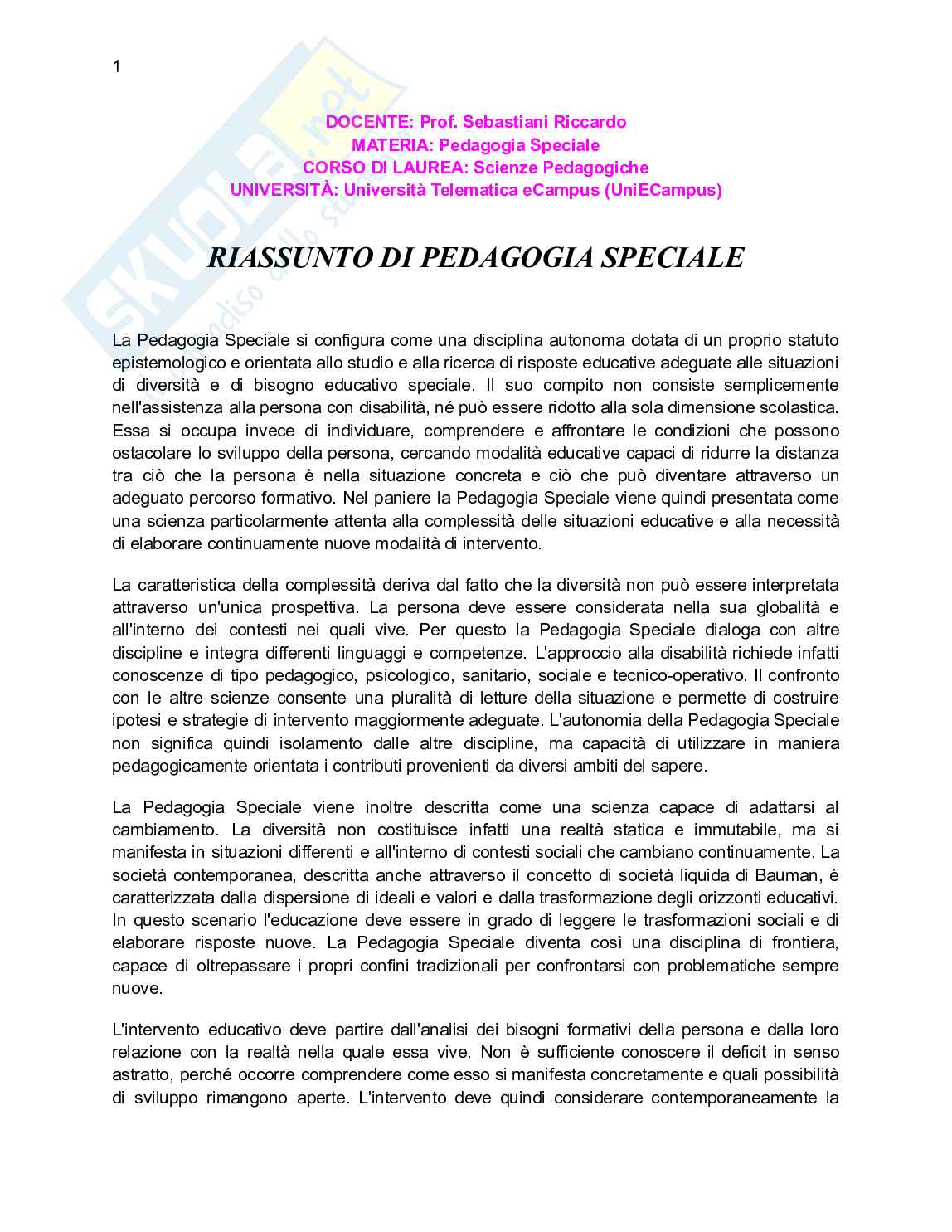 Elementi essenziali di Pedagogia speciale per comprendere la materia  Pag. 1