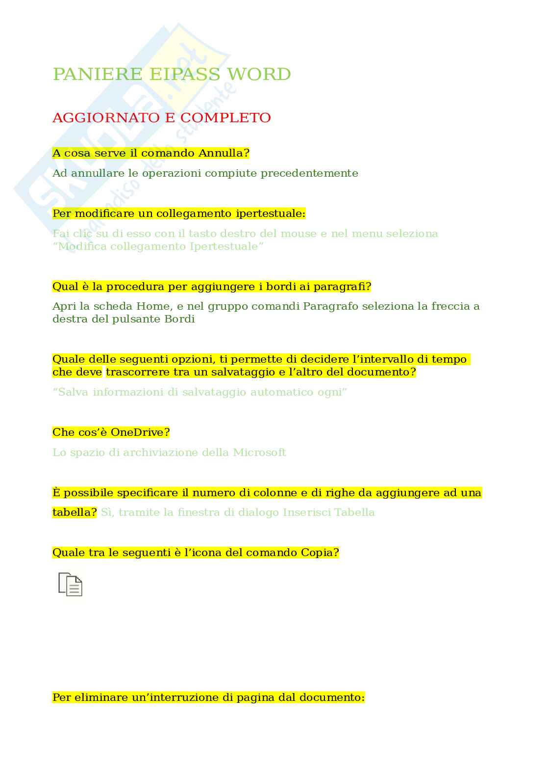 Domande e risposte Eipass Word - Guida completa all'uso di Microsoft Word. Aggiornato e completo. In ordine Pag. 1