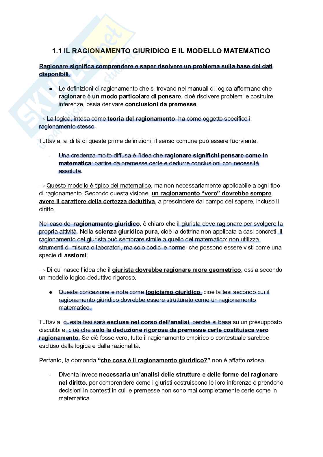 Riassunto esame Filosofia del Diritto, Prof. Sagnotti Simona Carlotta, libro consigliato Forme e momenti del ragionare nel diritto, Sagnotti Pag. 1