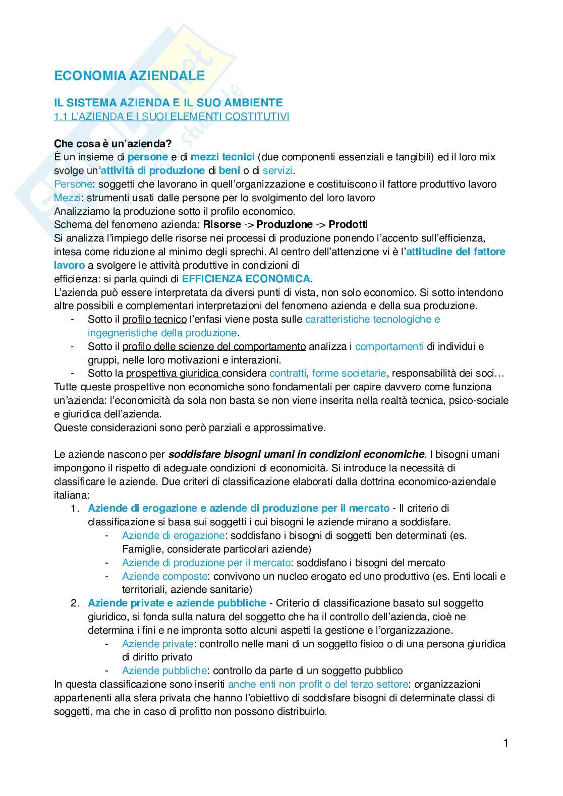 Riassunto esame Economia aziendale , Prof. Capocchi Alessandro, libro consigliato Lezioni di economia aziendale , Brusa Pag. 1