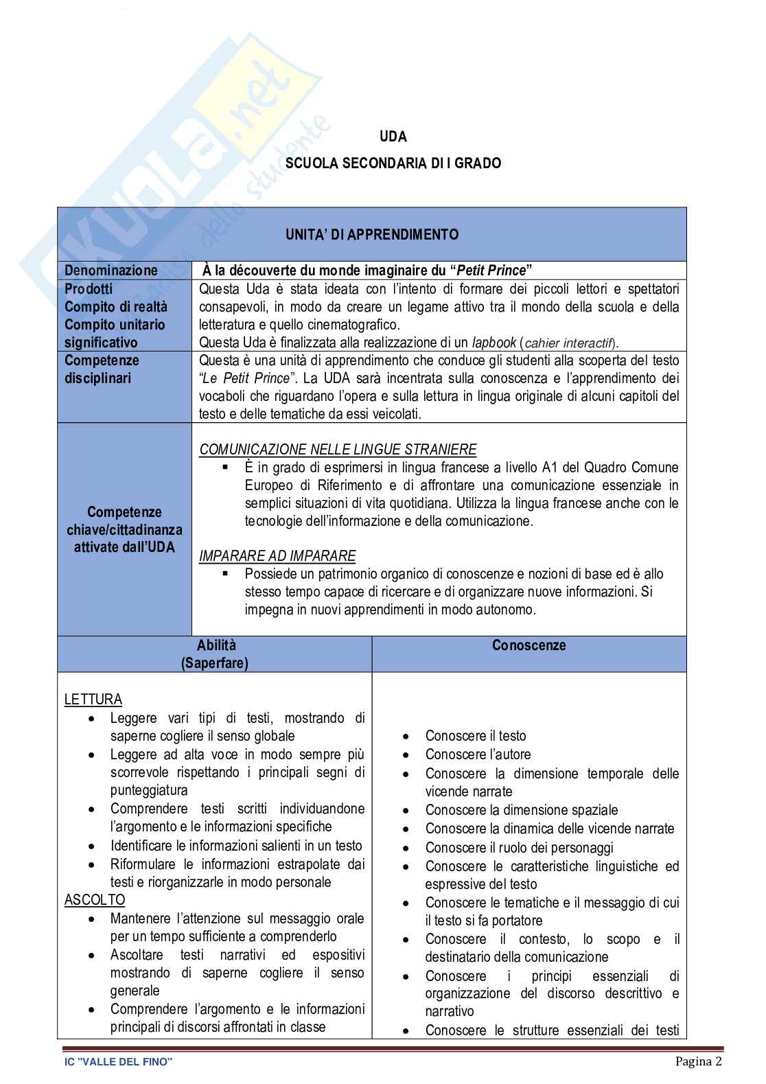Esempio UDA aa 25 aa 22 francese lezione simulata per la scuola secondaria di primo grado e concorsi pubblici dal titolo Piccolo principe Pag. 2