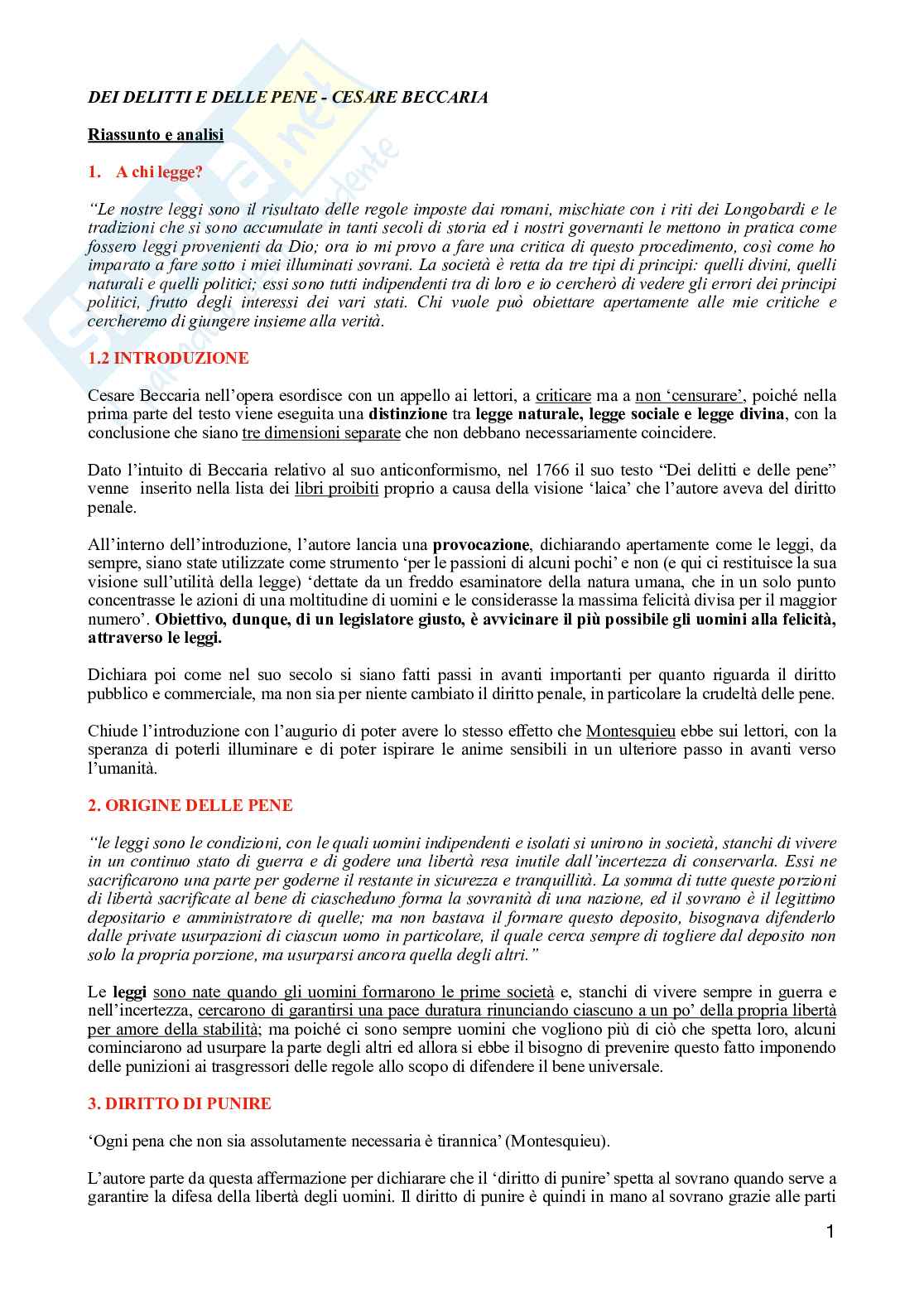 Diritto penale - Dei delitti e delle pene di Cesare Beccaria Pag. 1