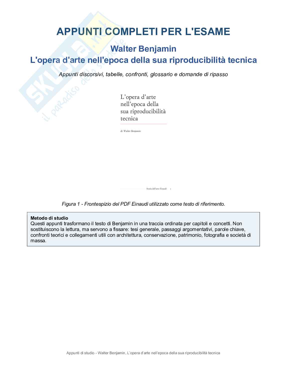 Riassunto esame Fondamenti di conservazione dell'edilizia storica, Prof. Ratti Andrea, libro consigliato L'opera d'arte nell'epoca della sua riproducibilità tecnica, Benjamin  Pag. 1