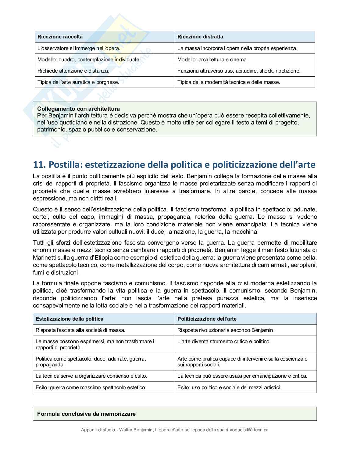 Riassunto esame Fondamenti di conservazione dell'edilizia storica, Prof. Ratti Andrea, libro consigliato L'opera d'arte nell'epoca della sua riproducibilità tecnica, Benjamin  Pag. 11