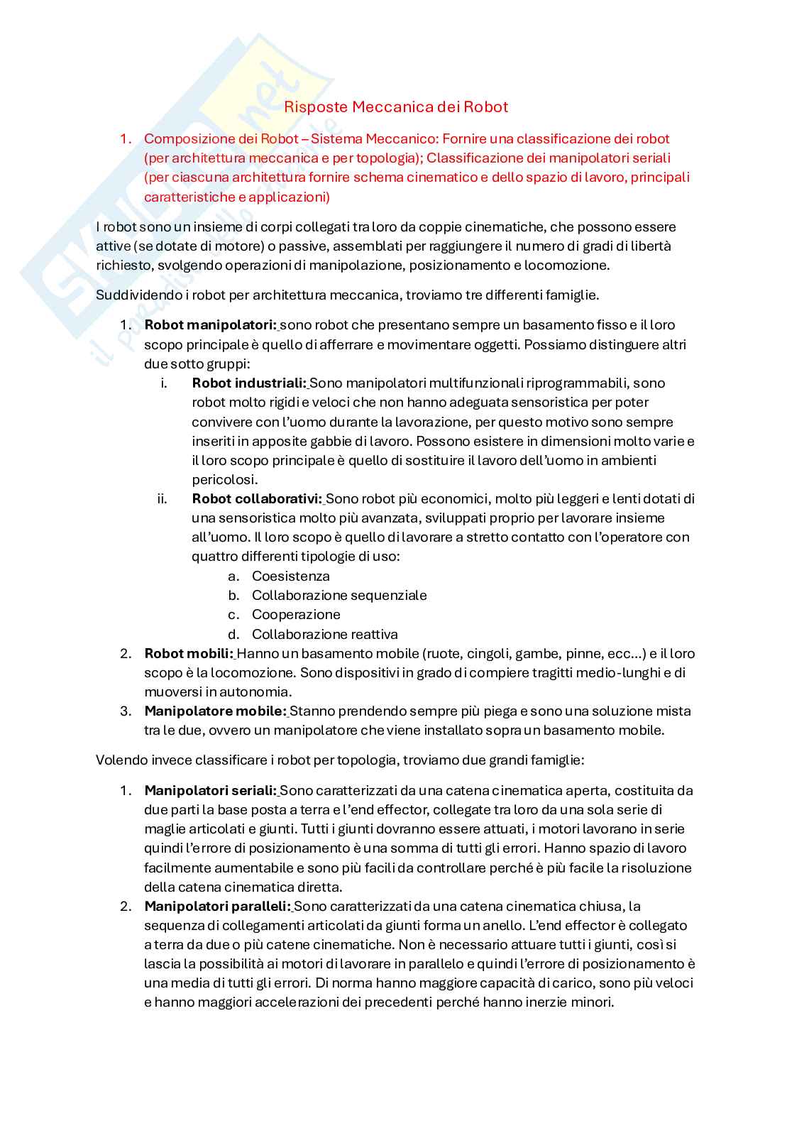 Risposte domande d'esame di Meccanica dei robot Pag. 1
