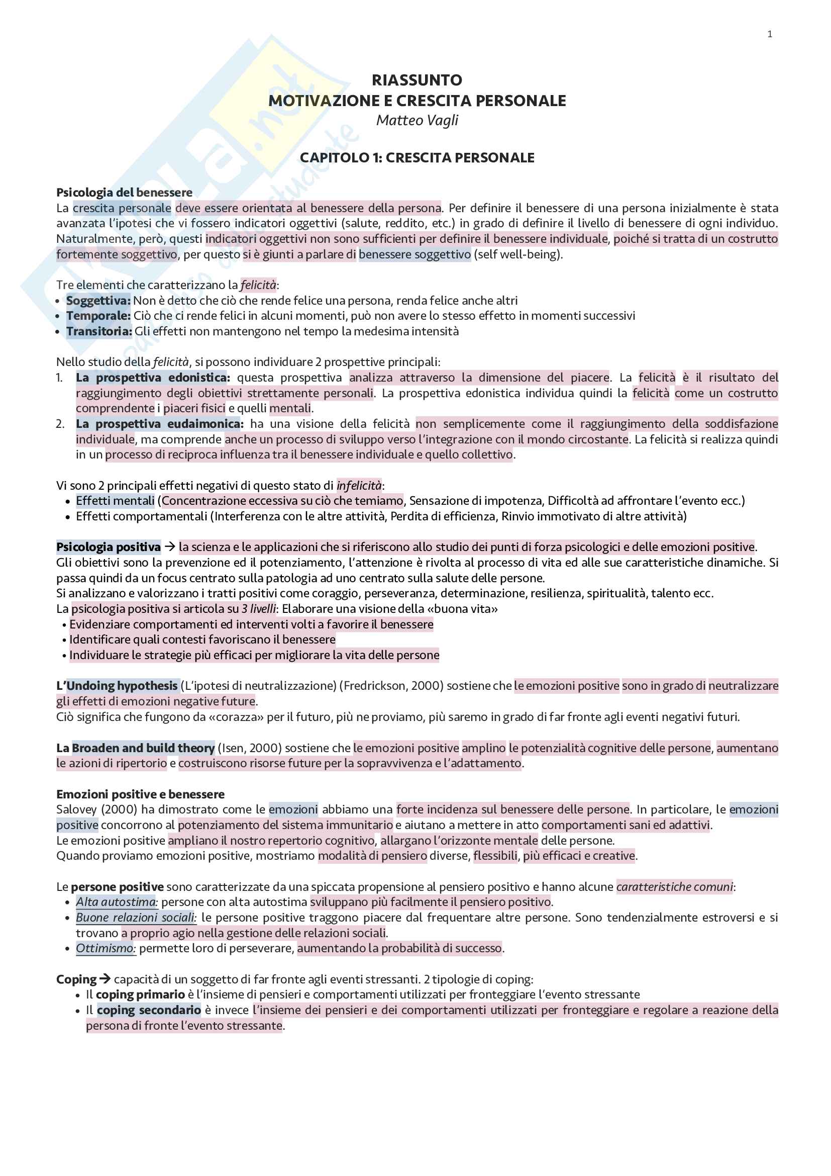 Riassunto esame Motivazione e crescita personale, prof. Vagli, libro consigliato la motivazione, A. Moè Pag. 1