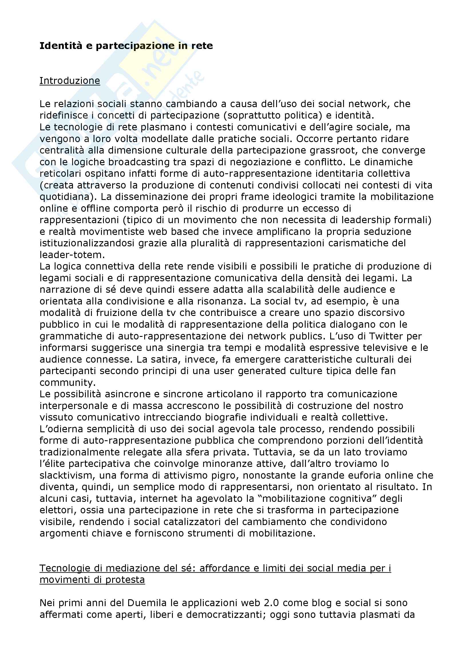 Riassunto esame Sociologia dei new media e internet studies, prof. Boccia Artieri, libro consigliato Identità e partecipazione in rete Pag. 1