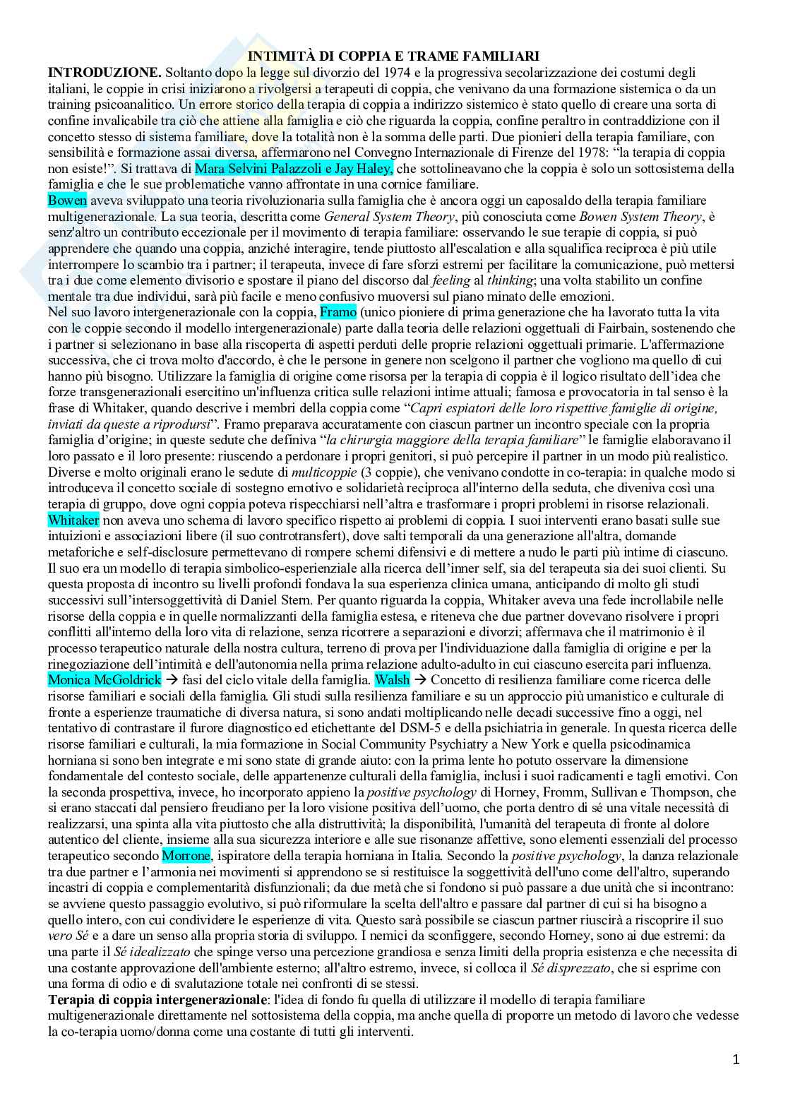 Riassunto esame normalità e patologia nelle relazioni familiari, prof Santona, libro consigliato Intimità di coppia e trame familiari, Andolfi e Mascellani Pag. 1