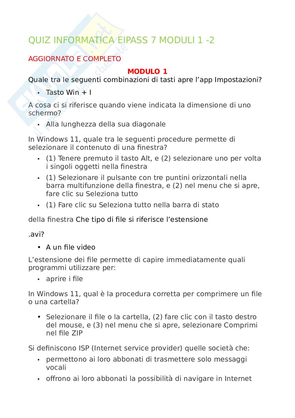 Quiz Eipass 7 moduli - Modulo 1,2 e 3. Aggiornato e completo. In ordine  Pag. 1