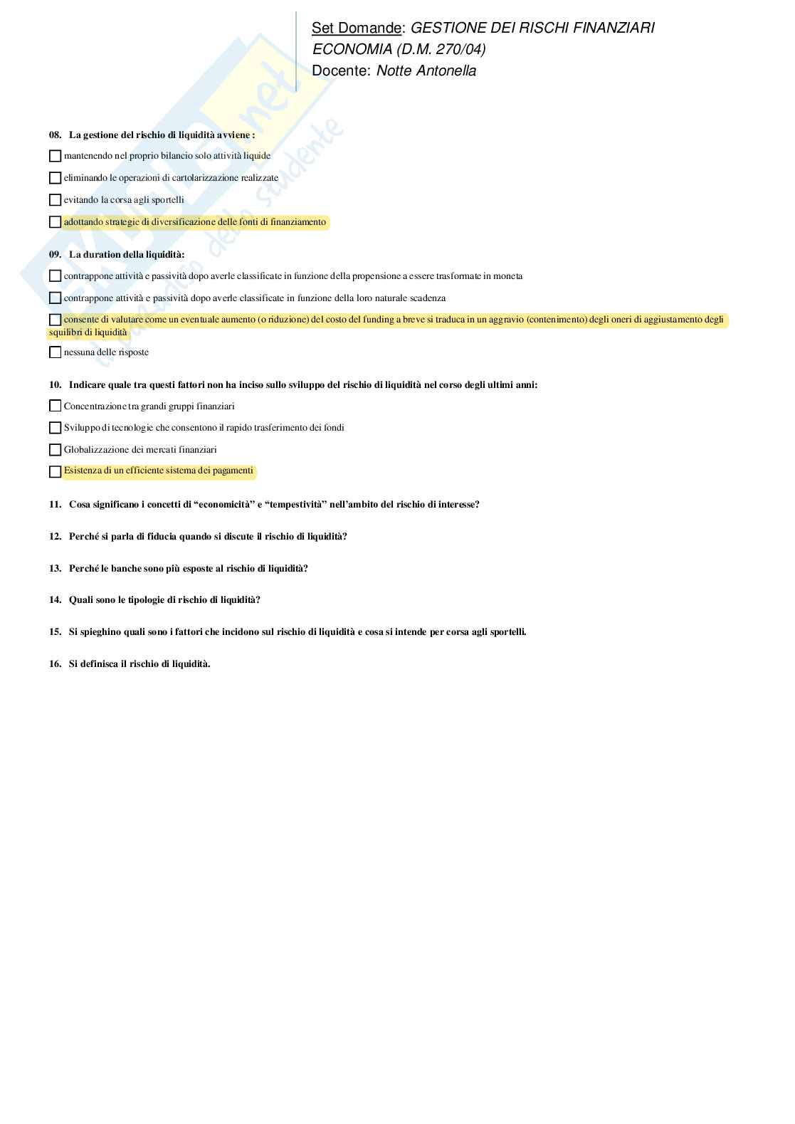 Paniere  domande chiuse di Gestione dei rischi finanziari Pag. 31