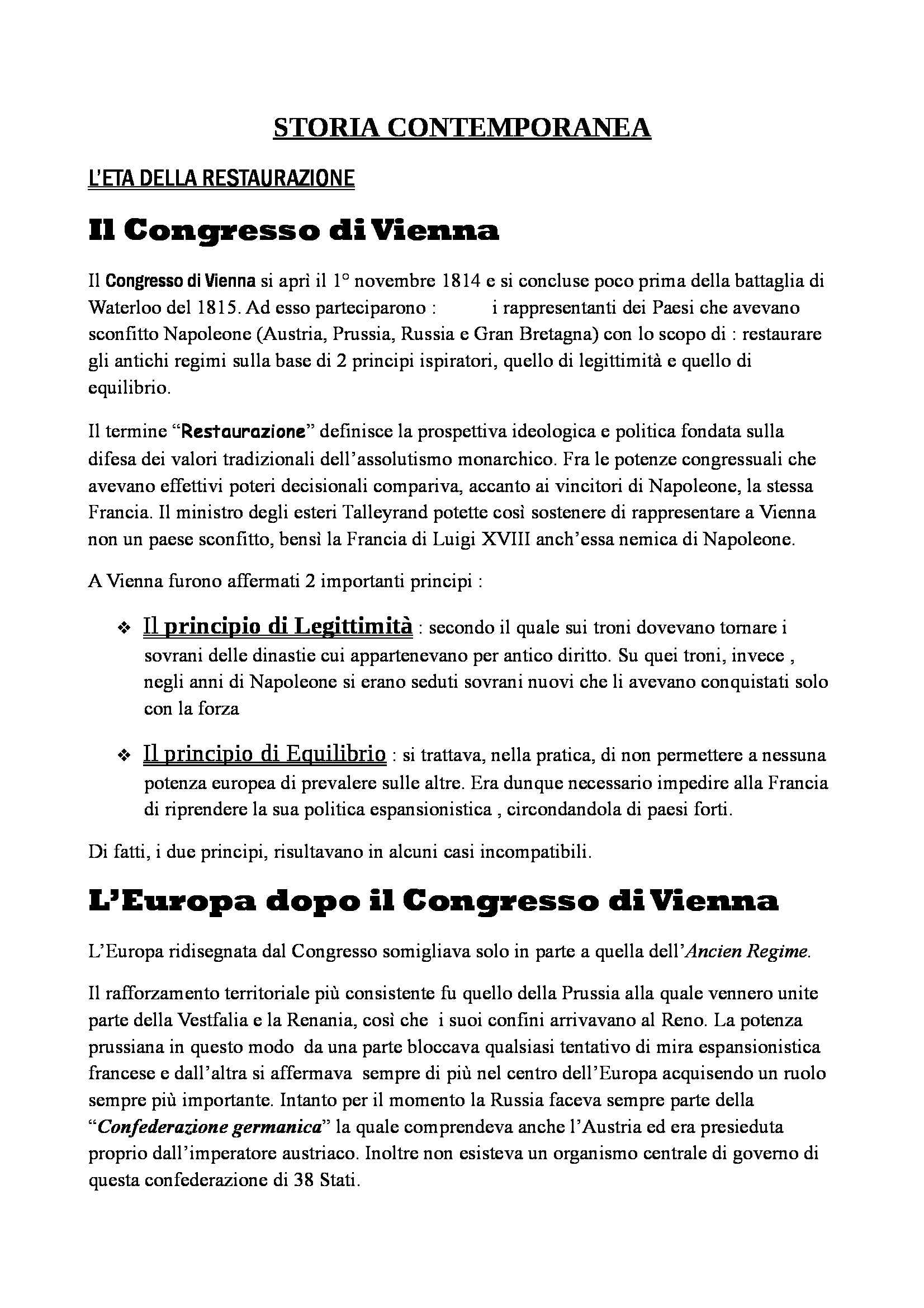 Riassunto esame Storia Contemporanea, prof. De Lorenzo, libro consigliato Elementi di Storia Contemporanea, Luca Pag. 1