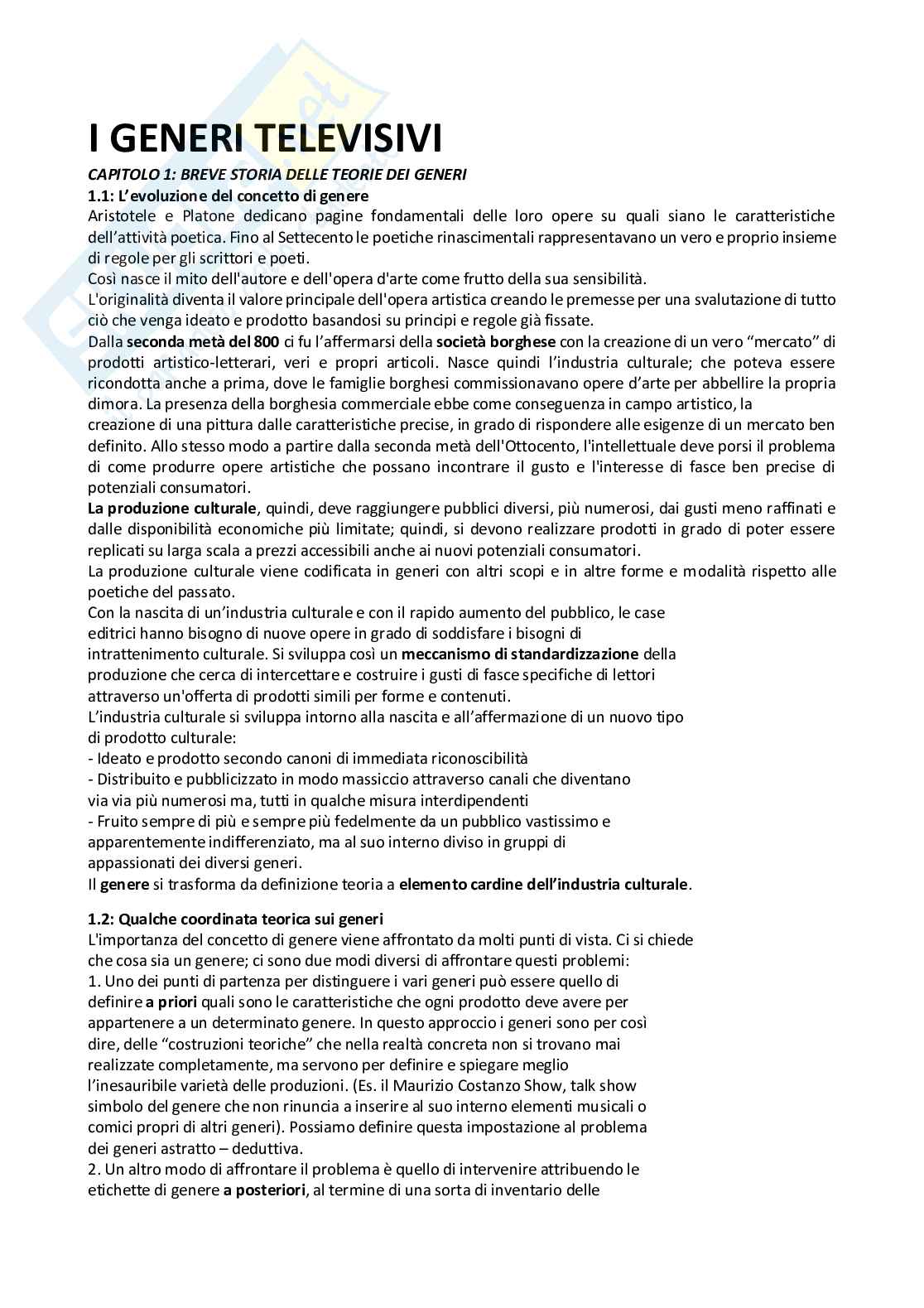 Riassunto esame Teorie e tecniche della televisione, Prof. Gavrila Mihaela, libro consigliato I generi televisivi, Grignaffini Pag. 1