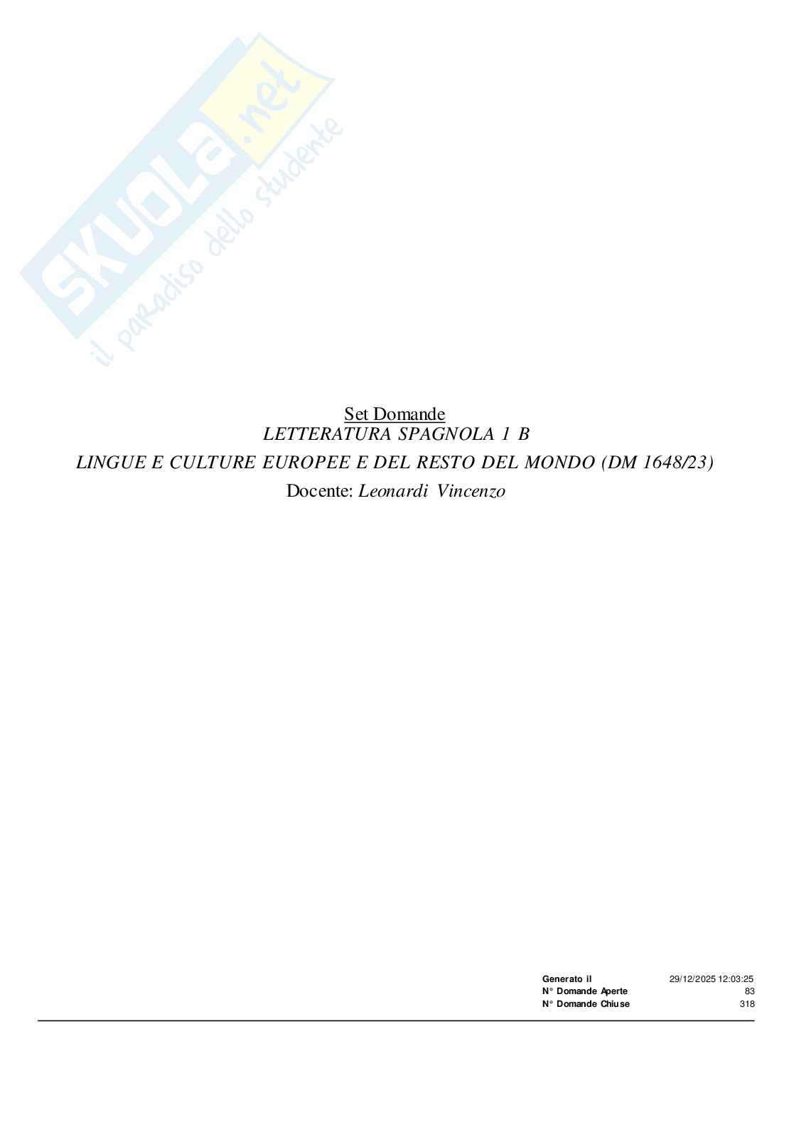 Paniere Letteratura spagnola 1 B  Pag. 1