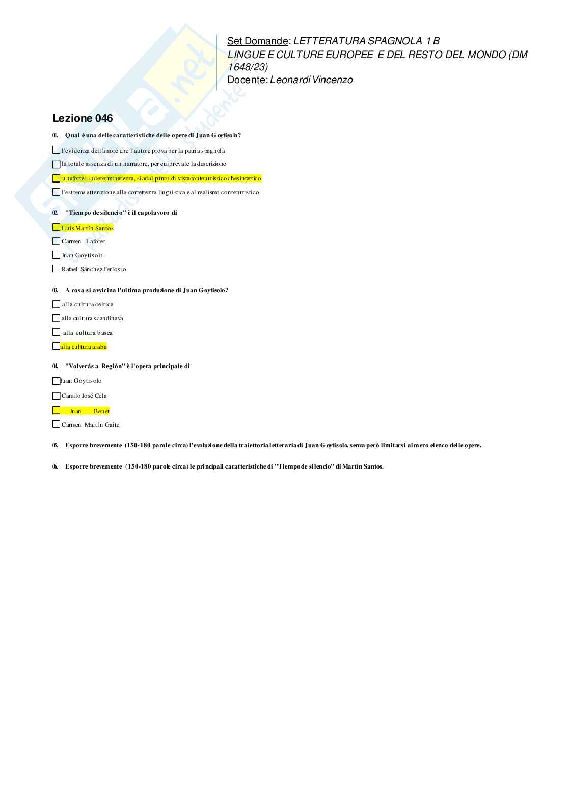 Paniere Letteratura spagnola 1 B  Pag. 61