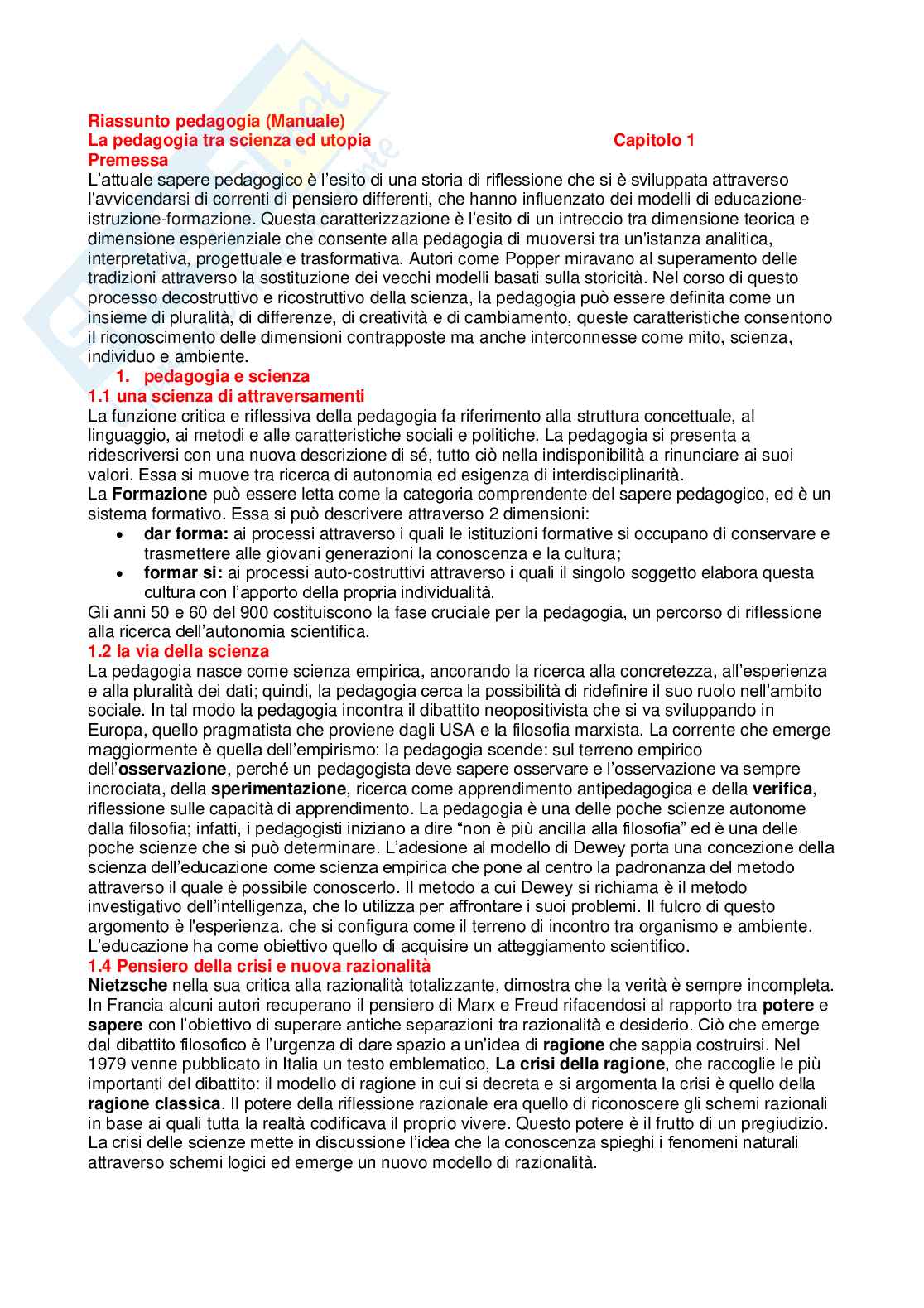 Riassunto esame Pedagogia generale , Prof. Tomarchio Maria, libro consigliato Manuale di pedagogia e didattica , Frabboni, Minerva Pag. 1
