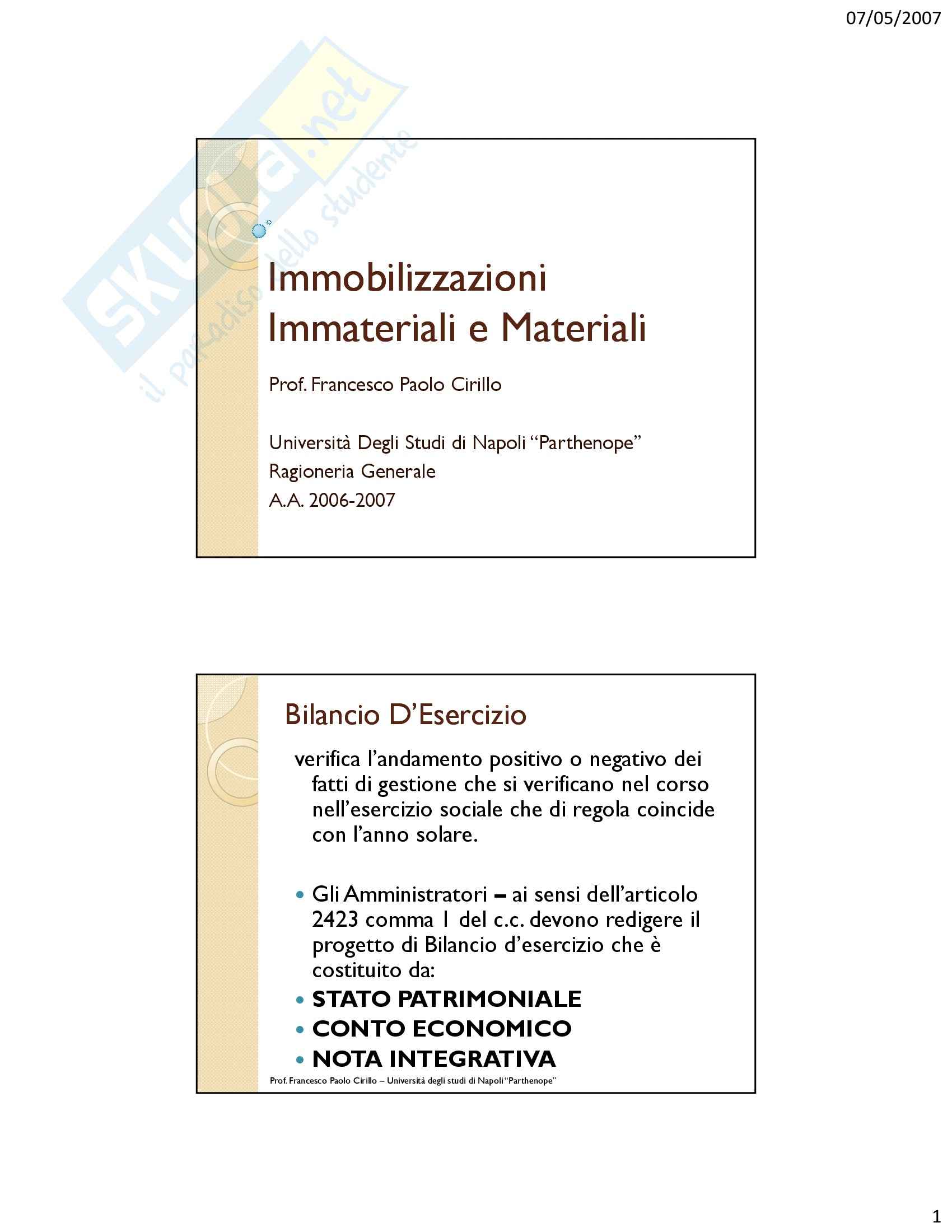 Ragioneria - immobilizzazioni immateriali e materiali - Appunti Pag. 1
