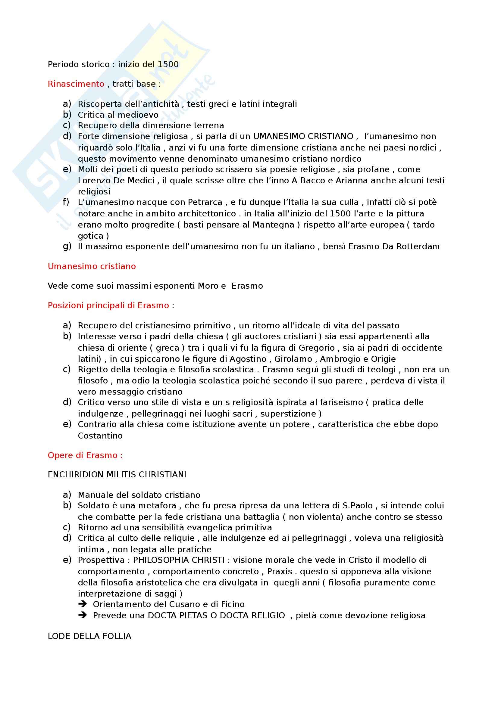 Riassunto esame Storia della filosofia contemporanea, prof. Piaia, libro consigliato Utopia, Moro Pag. 1