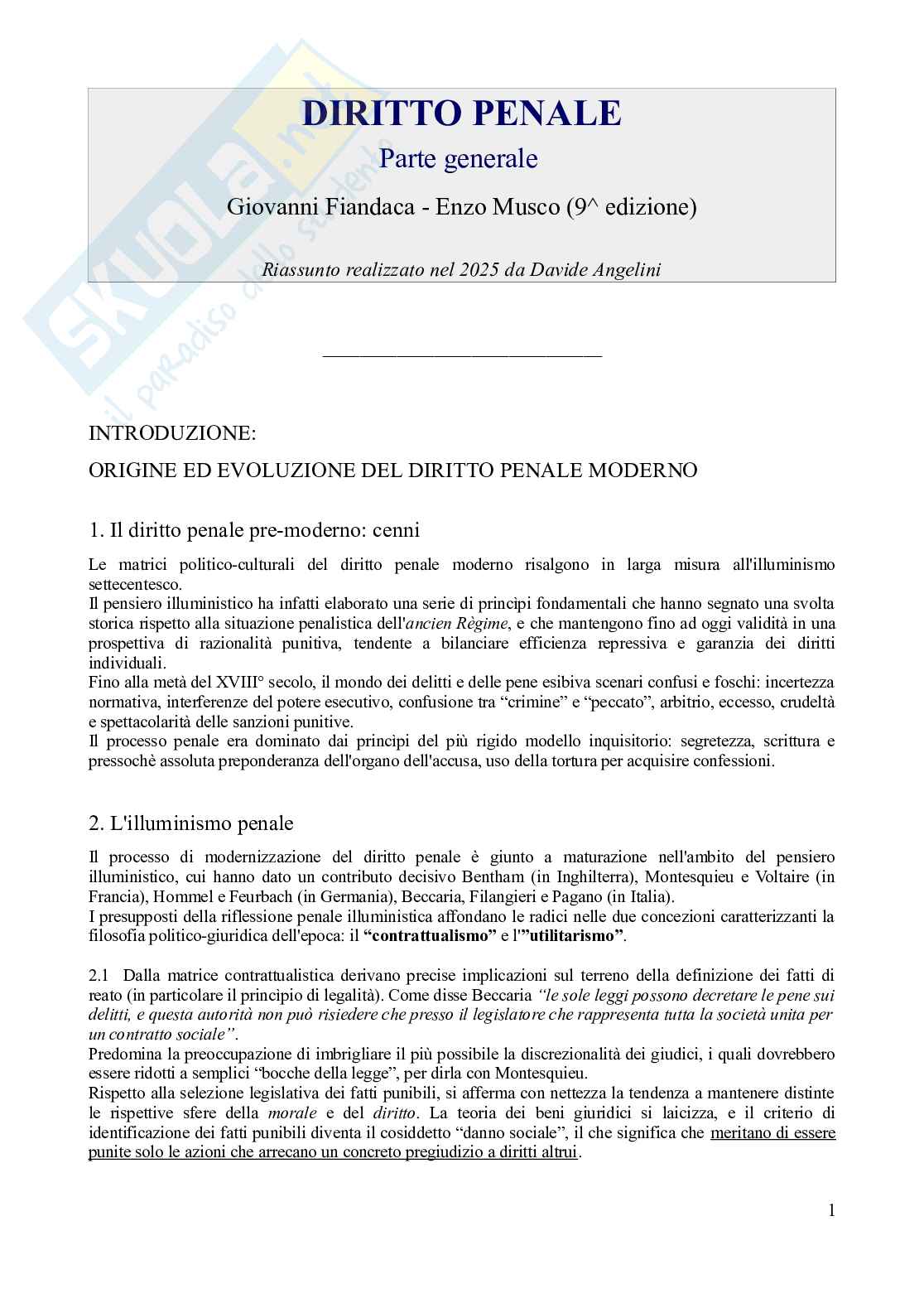 Riassunto esame Diritto penale, Prof. Corti Matteo, libro consigliato Diritto penale - Parte generale (9^ edizione, 2024), Fiandaca, Musco Pag. 1