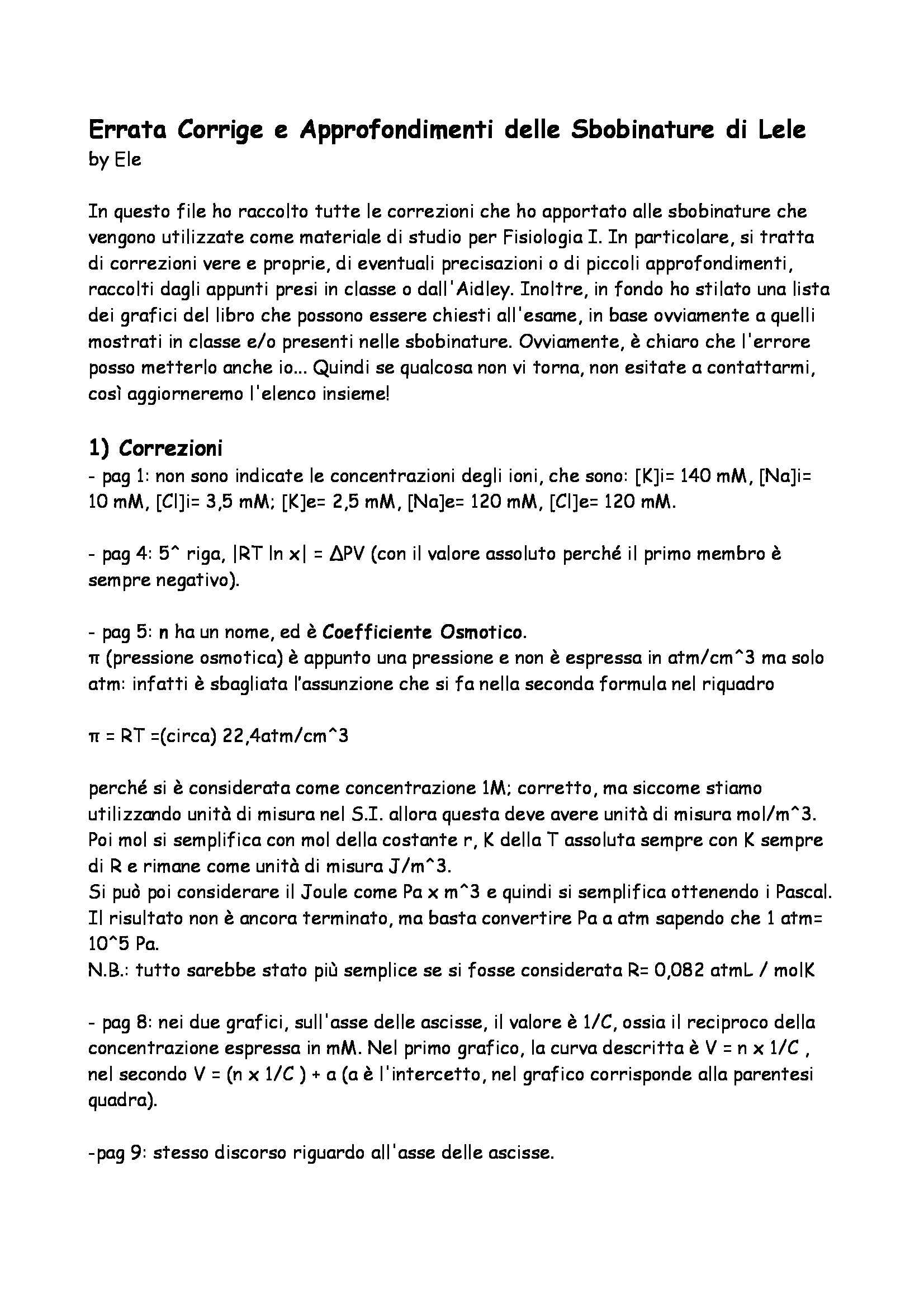 Errata corrige sobinature e approfondimenti  Fisiologia I Pag. 1