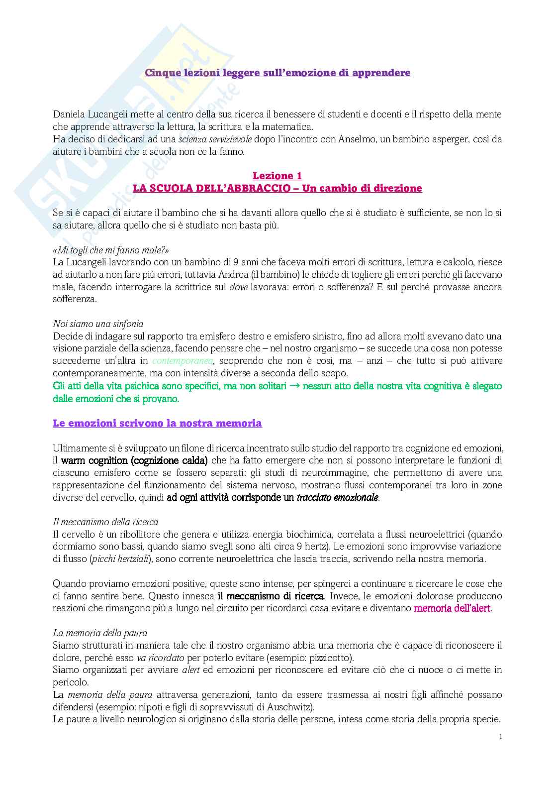 Riassunto esame Psicologia dell'educazione, Prof. Limone Pierpaolo, libro consigliato Cinque lezioni leggere sull'emozione di apprendere, Daniela Lucangeli Pag. 1