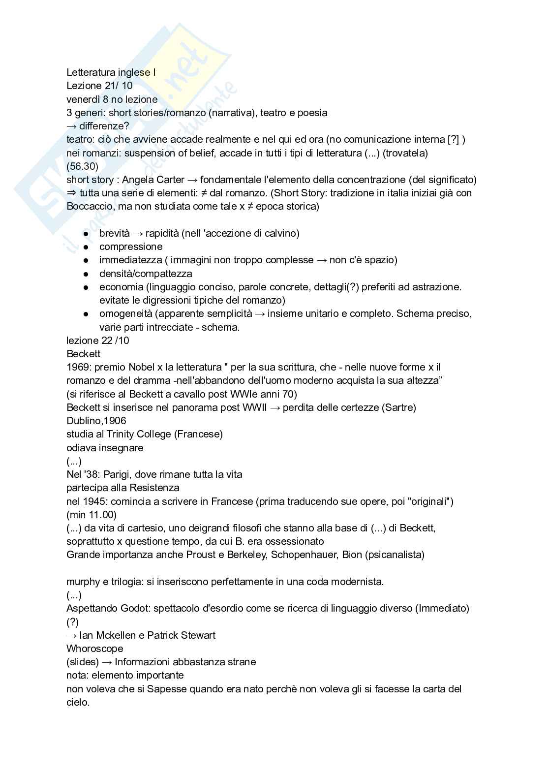 Letteratura Inglese I, parte Cioni Pag. 1