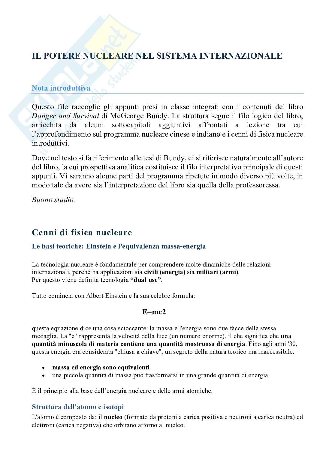 Riassunto esame Il potere nucleare nel sistema internazionale, Prof. Gala Marilena, libro consigliato Danger and Survival, Bundy Pag. 1