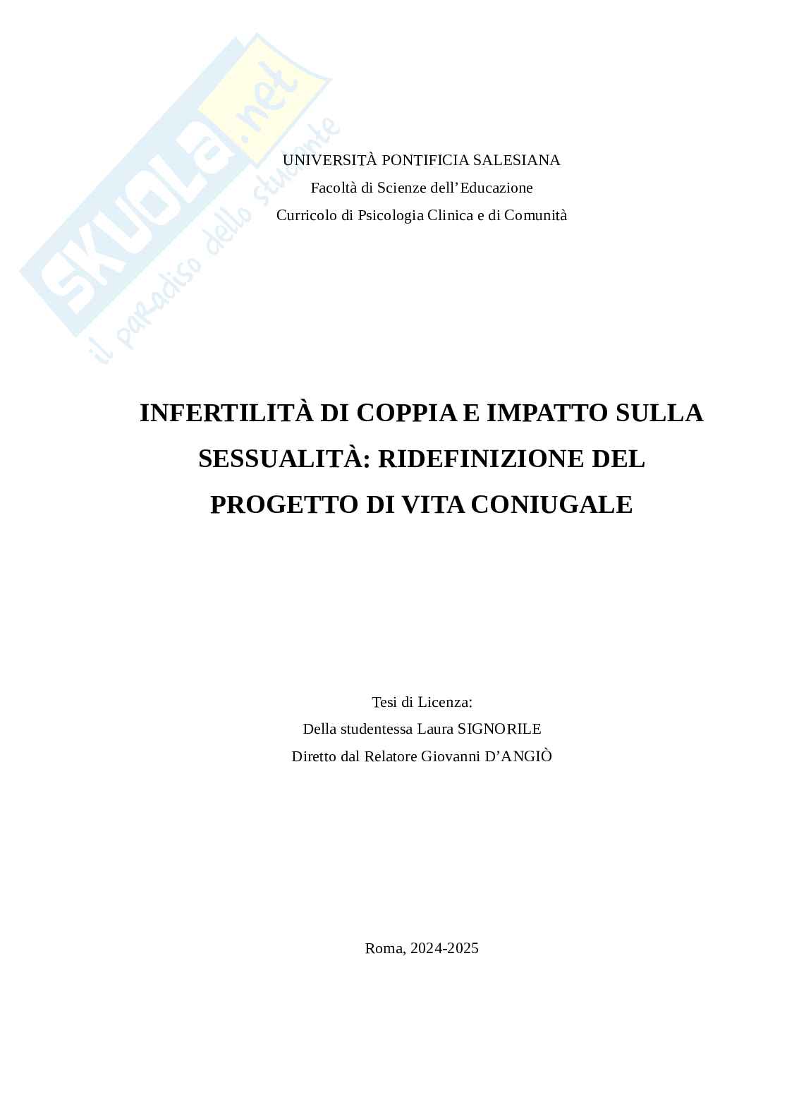 Infertilità di coppia e impatto sulla sessualità: ridefinizione del progetto di vita coniugale Pag. 1