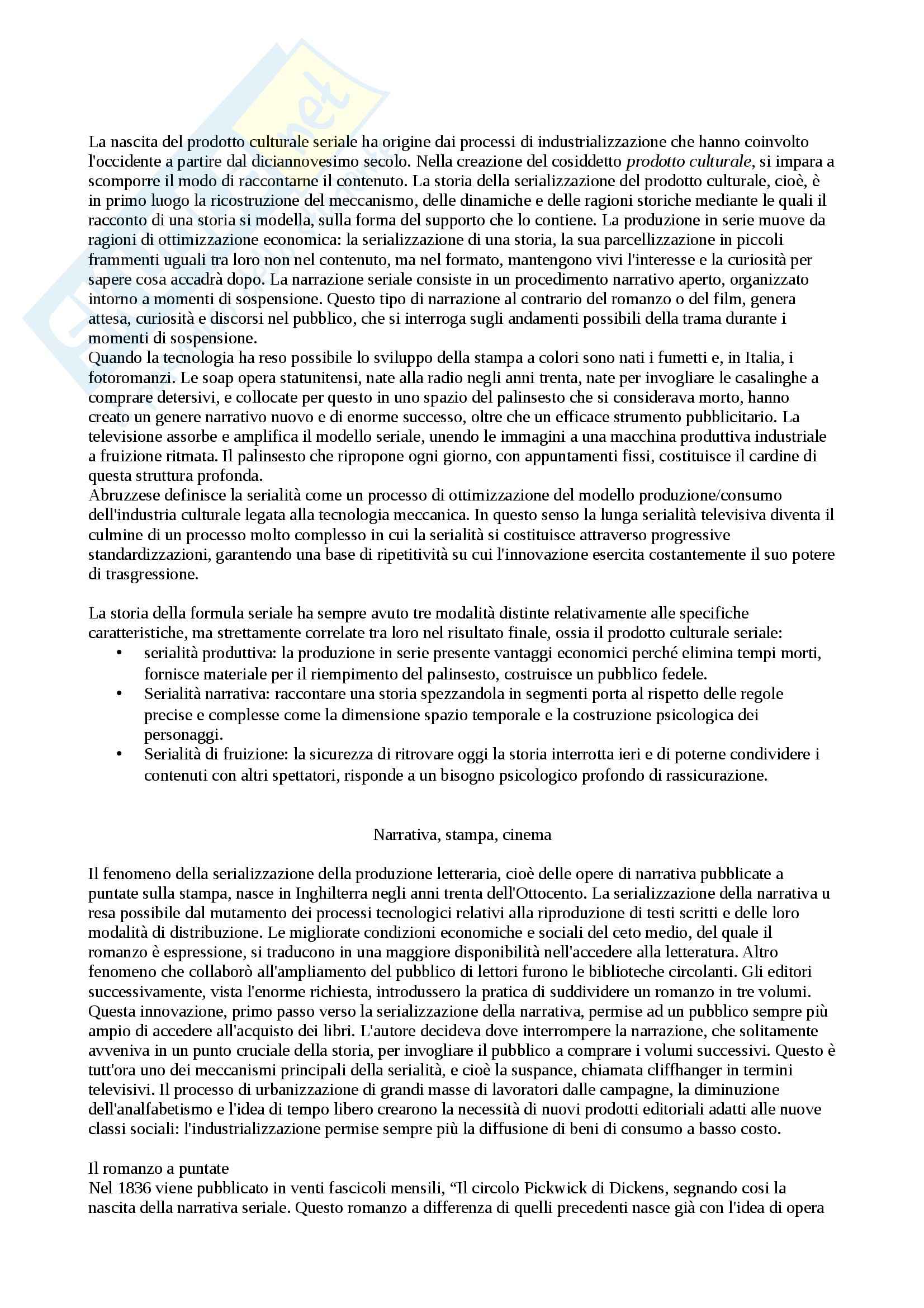 Riassunto esame Linguaggio Cine-televisivo, prof. Valentini, libro consigliato La Lunga Serialità Televisiva Pag. 1
