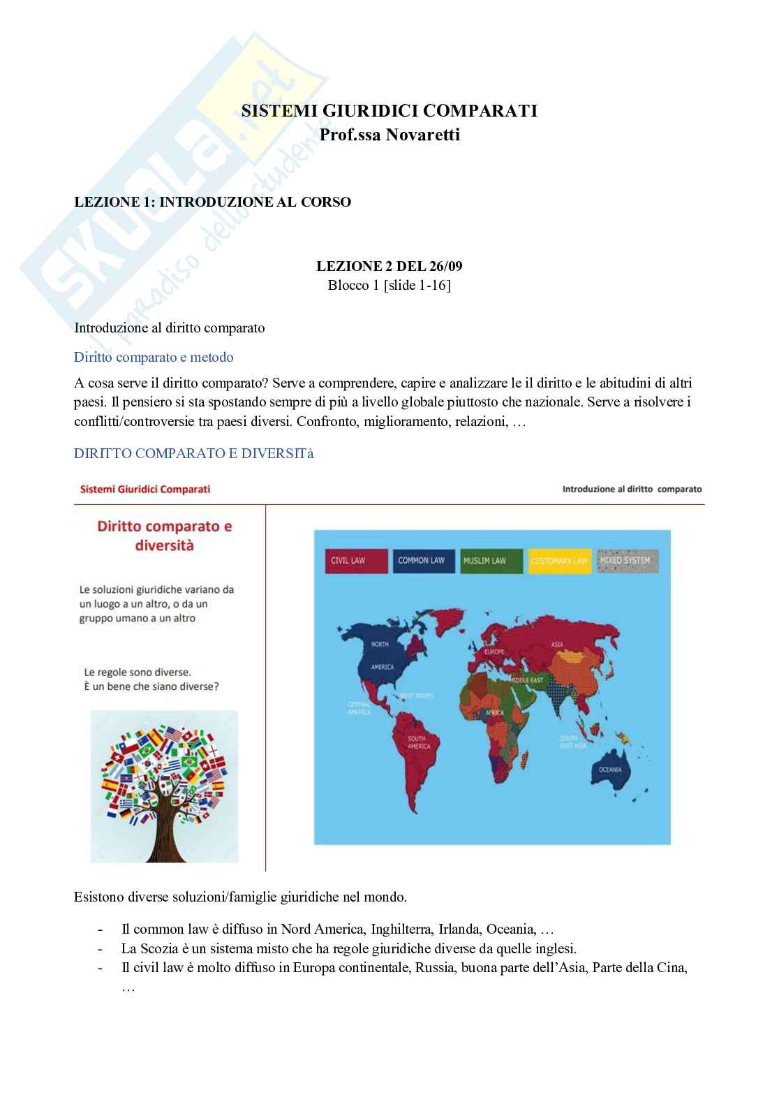 Riassunto esame Sistemi giuridici comparati, Prof. Novaretti Simona, libro consigliato Diritto comparato I, II, III, Ajani, Francavilla, Pasa Pag. 1