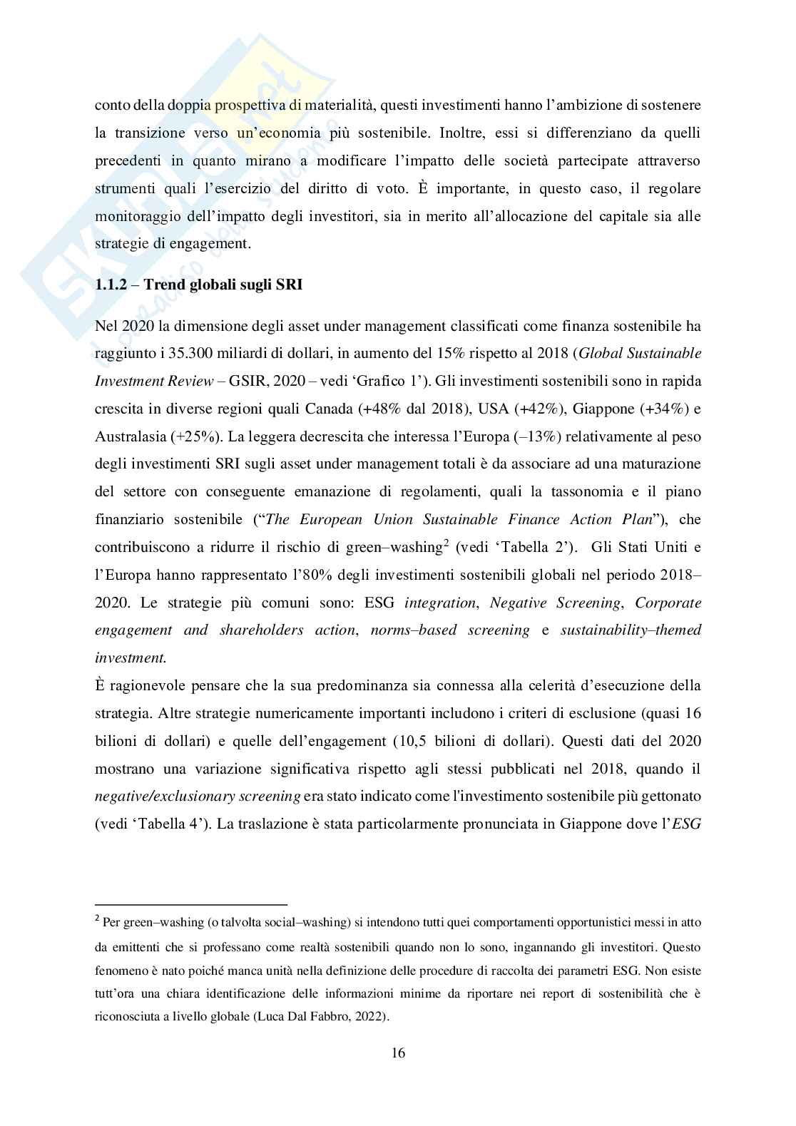 L'impatto dei Fattori ESG sulle performance dei fondi comuni di investimento Pag. 16