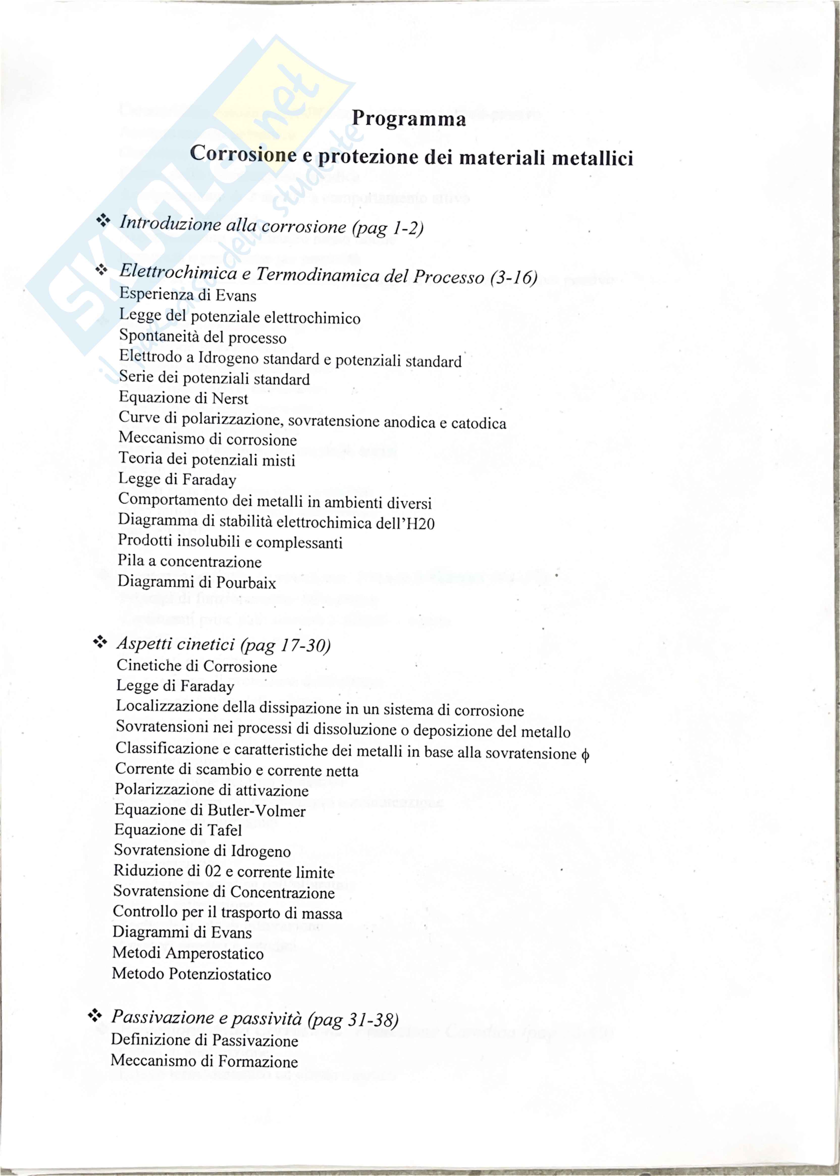 Riassunto esame Corrosione e protezione dei materiali metallici, Prof. Testa Flaviano, libro consigliato Corrosione e protezione dei materiali metallici , Pedeferri  Pag. 1