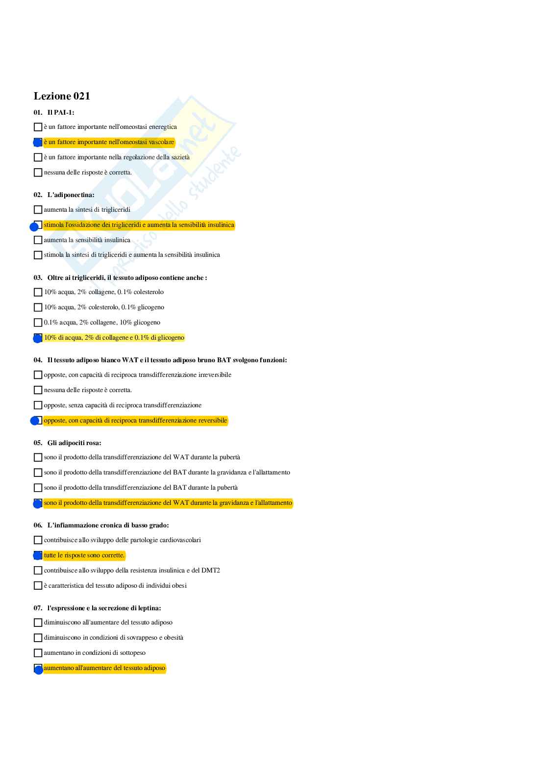 Paniere Endocrinologia applicata all'attività motoria (2026) - Risposte multiple corrette Pag. 41