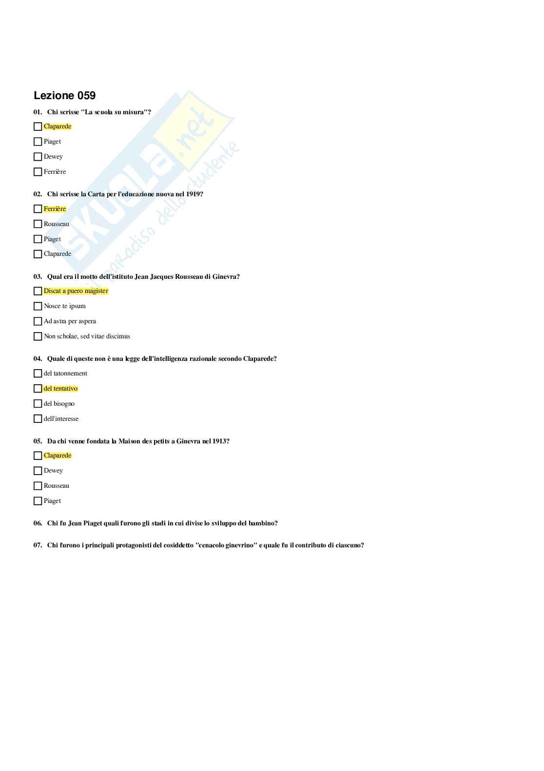 Paniere Storia della pedagogia  - Risposte multiple - aggiornato (2026) Pag. 51