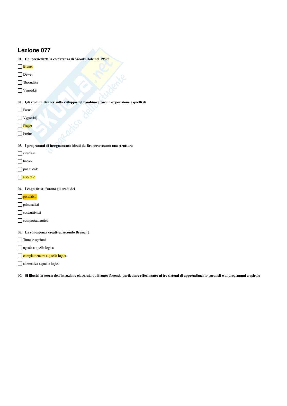 Paniere Storia della pedagogia  - Risposte multiple - aggiornato (2026) Pag. 66