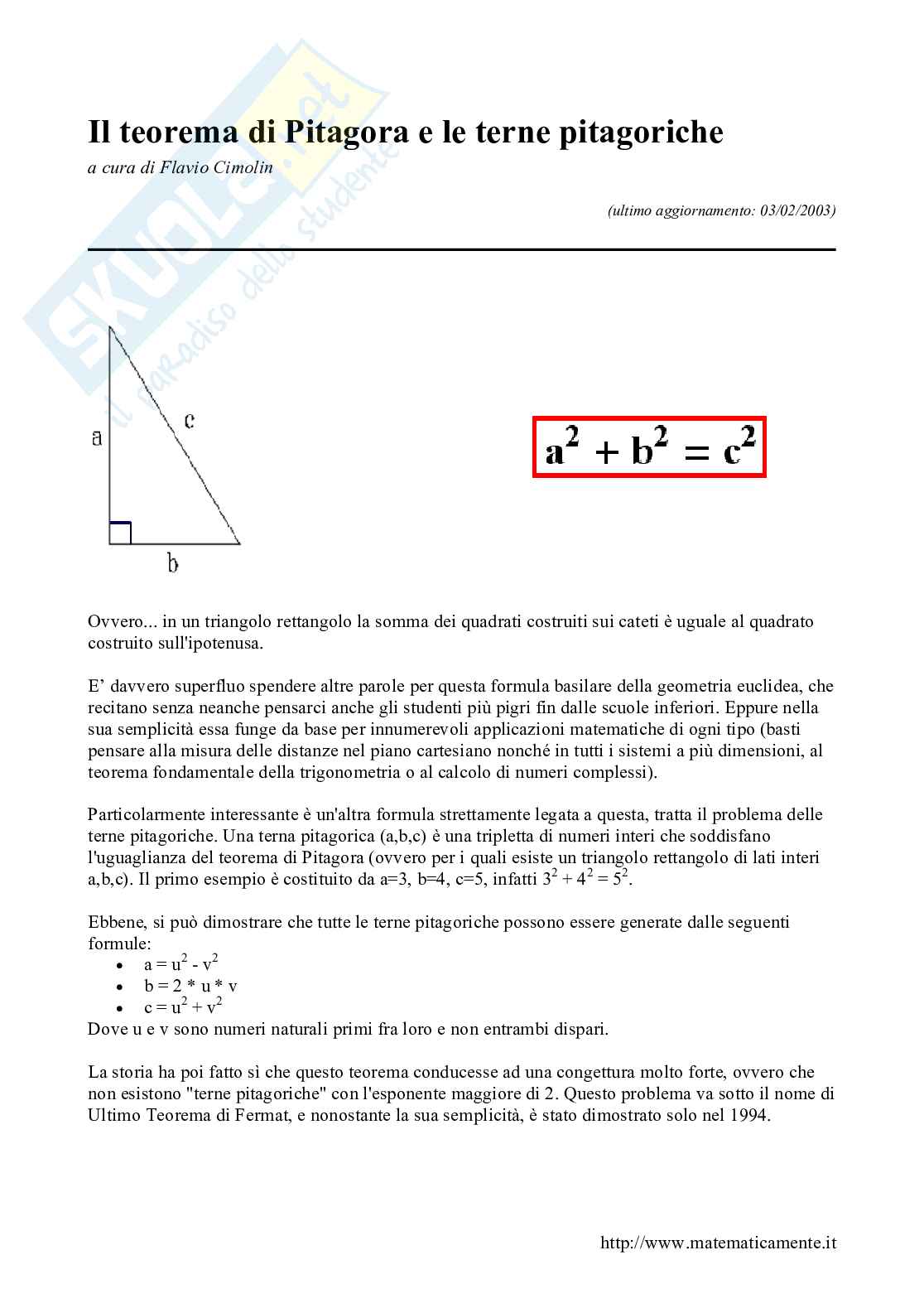 Il teorema di Pitagora e le terne pitagoriche Pag. 1