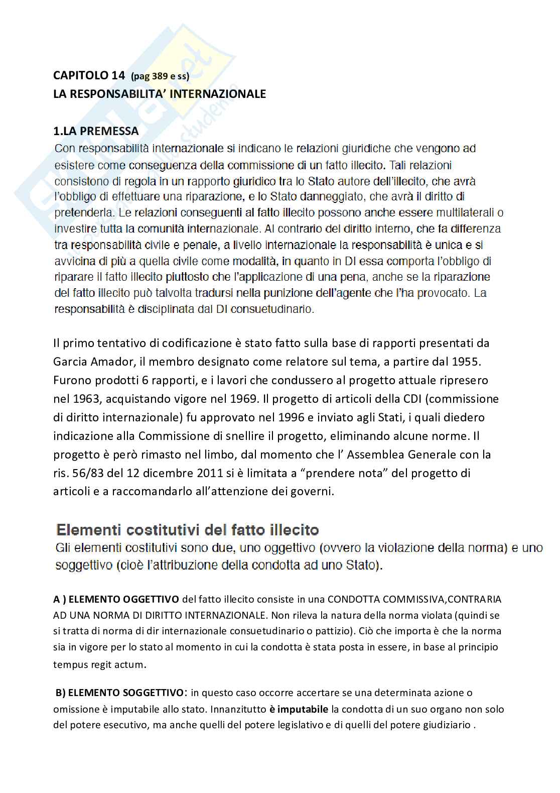 Riassunto esame Diritto internazionale , Prof. Mancini Marina, libro consigliato Diritto internazionale, riferimento cap. 14, Ronzitti  Pag. 1