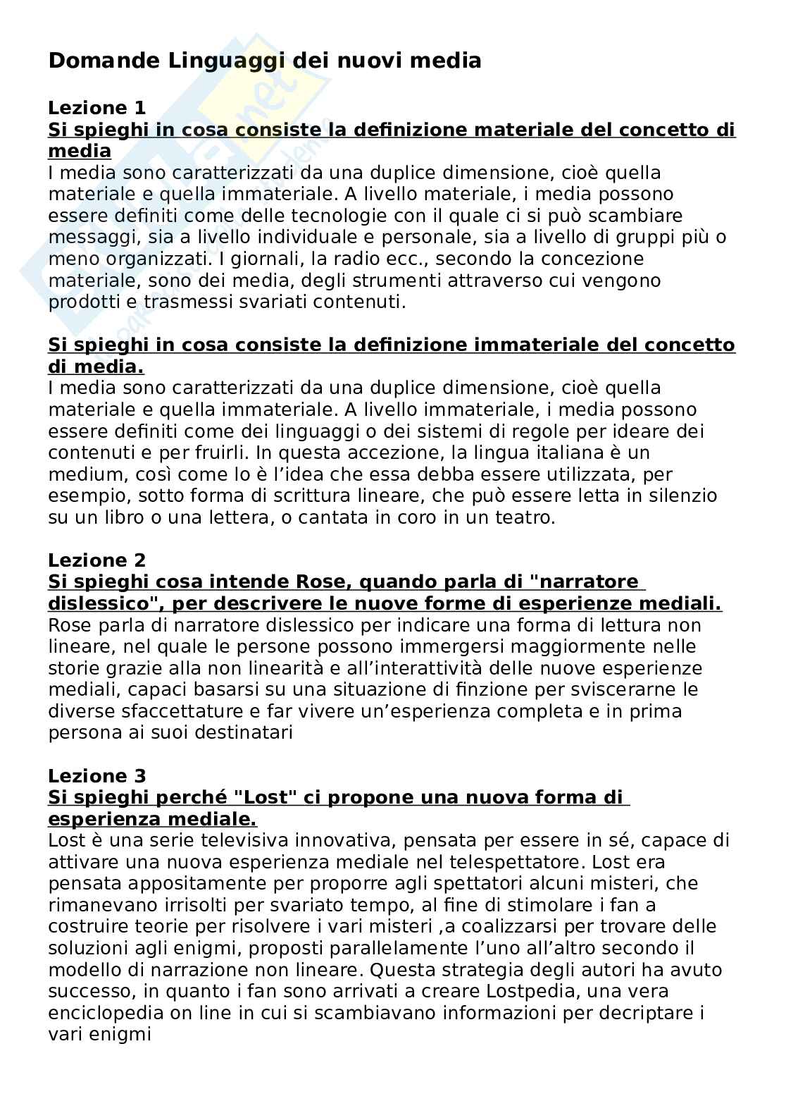 Domande aperte Linguaggi dei nuovi media Pag. 1