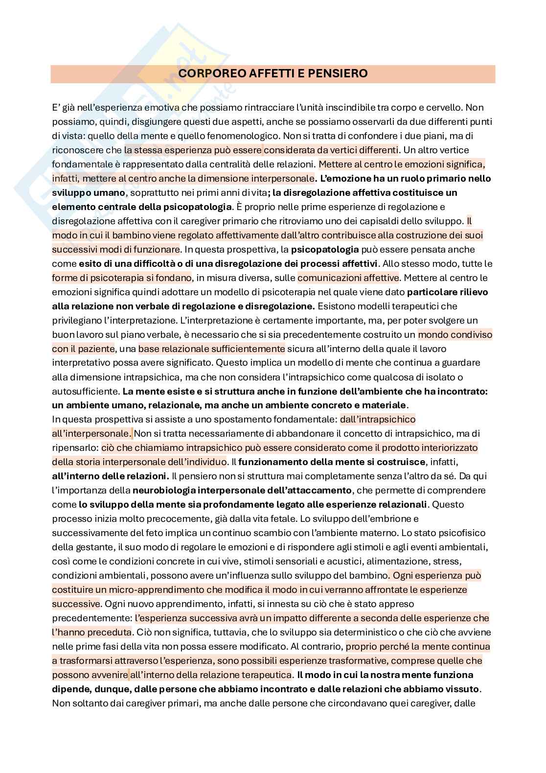 Riassunto esame Psicosomatica, Prof. Granieri Antonella, libro consigliato Corporeo, affetti e pensiero, Granieri Pag. 1