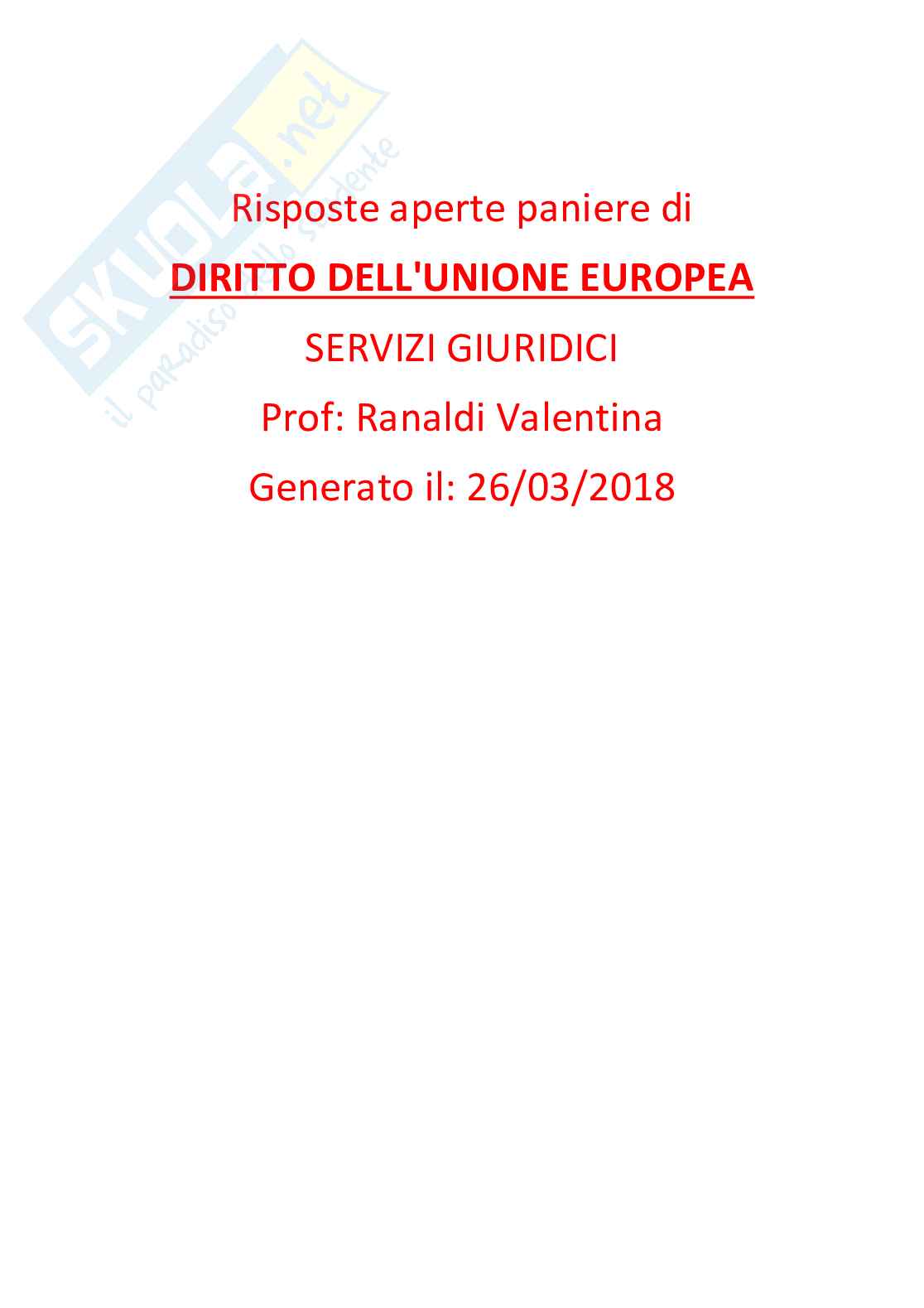 Paniere di diritto dell'Unione Europea - risposte aperte Pag. 1