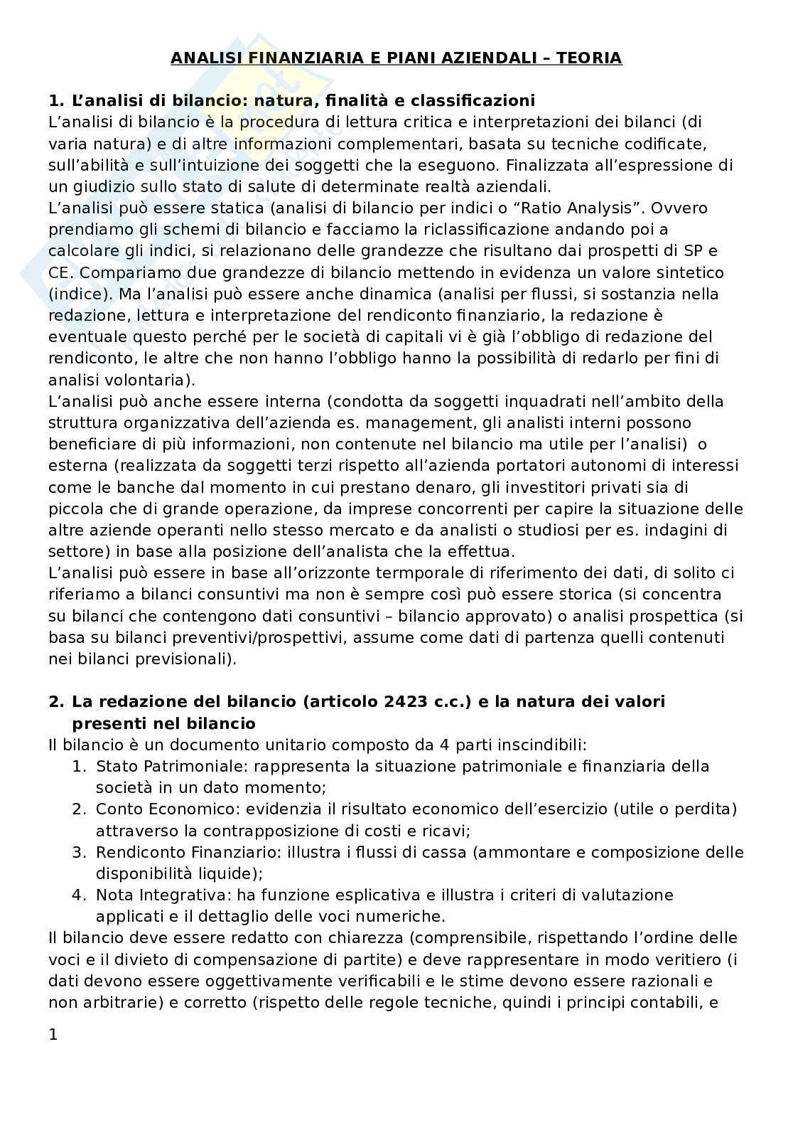 Appunti Analisi finanziaria e piani aziendali Pag. 1
