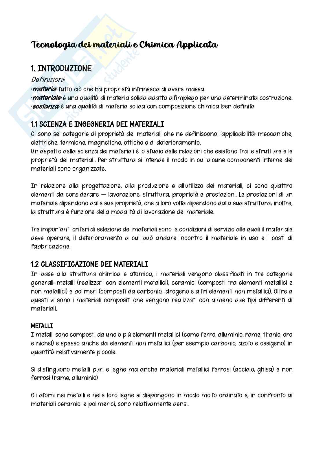 Appunti Tecnologia dei materiali e chimica applicata Pag. 1