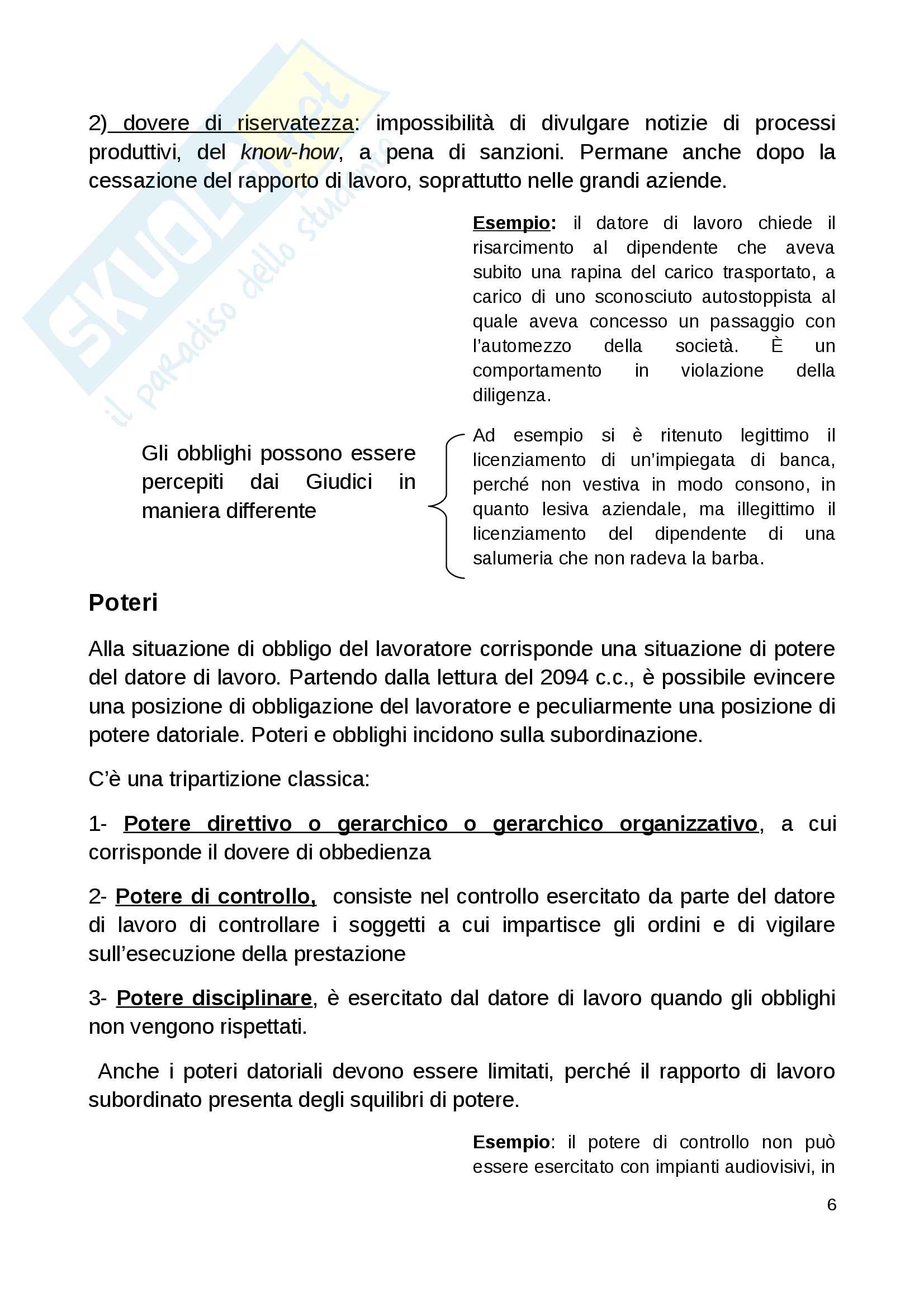 Diritto sindacale, definizione Rapporto di lavoro subordinato, Obblighi lavoratore, Poteri datore di lavoro Pag. 6