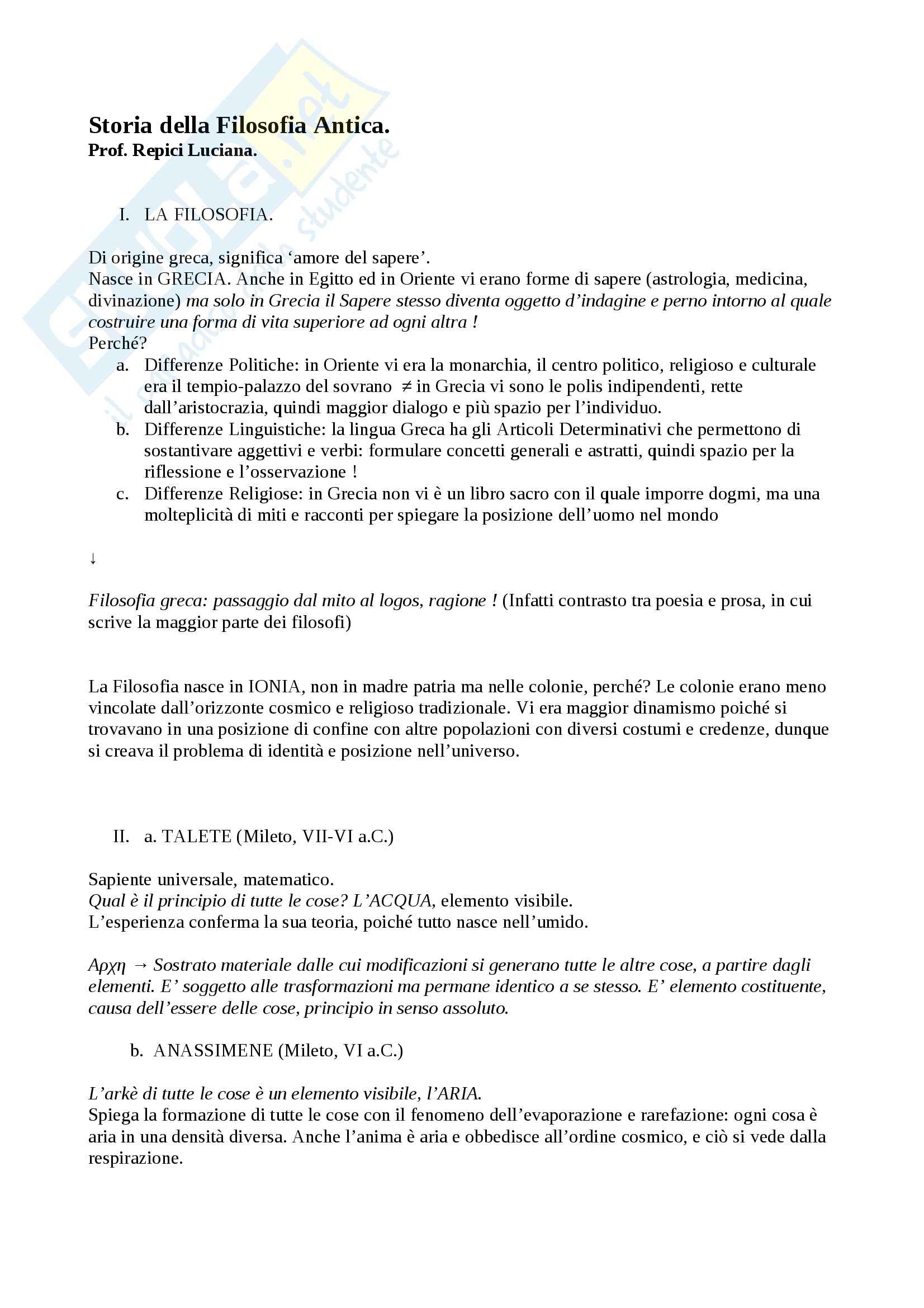 Lezioni, Storia della filosofia antica Pag. 1